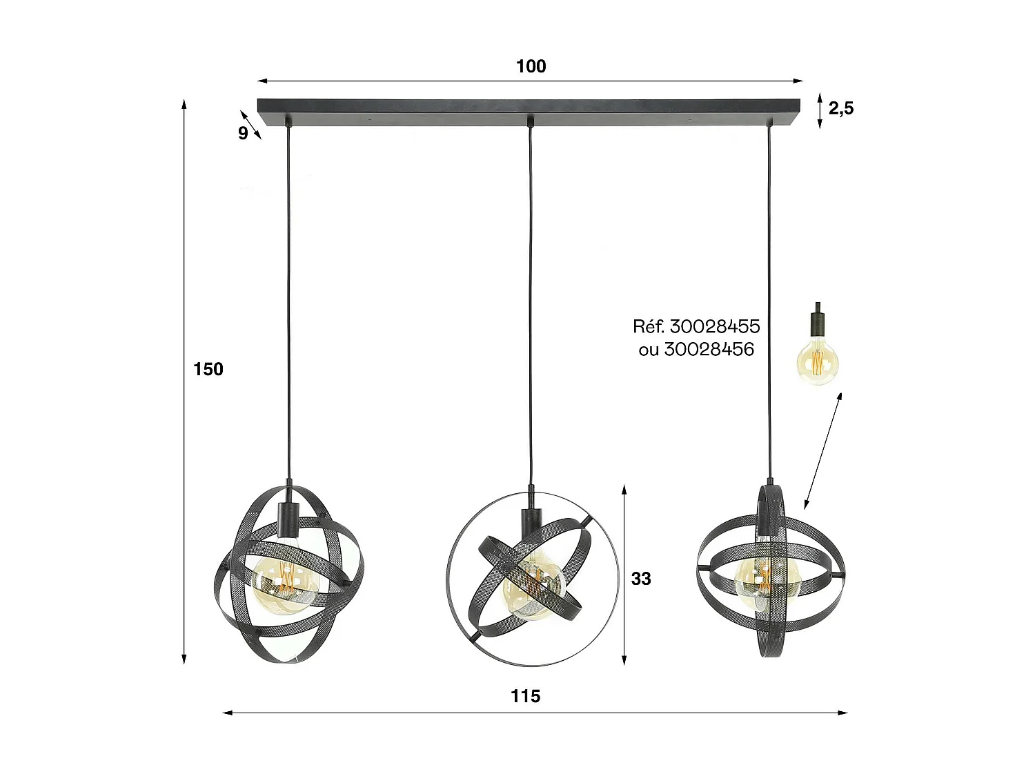 Suspension industrielle 3 globes en métal percé RALF
