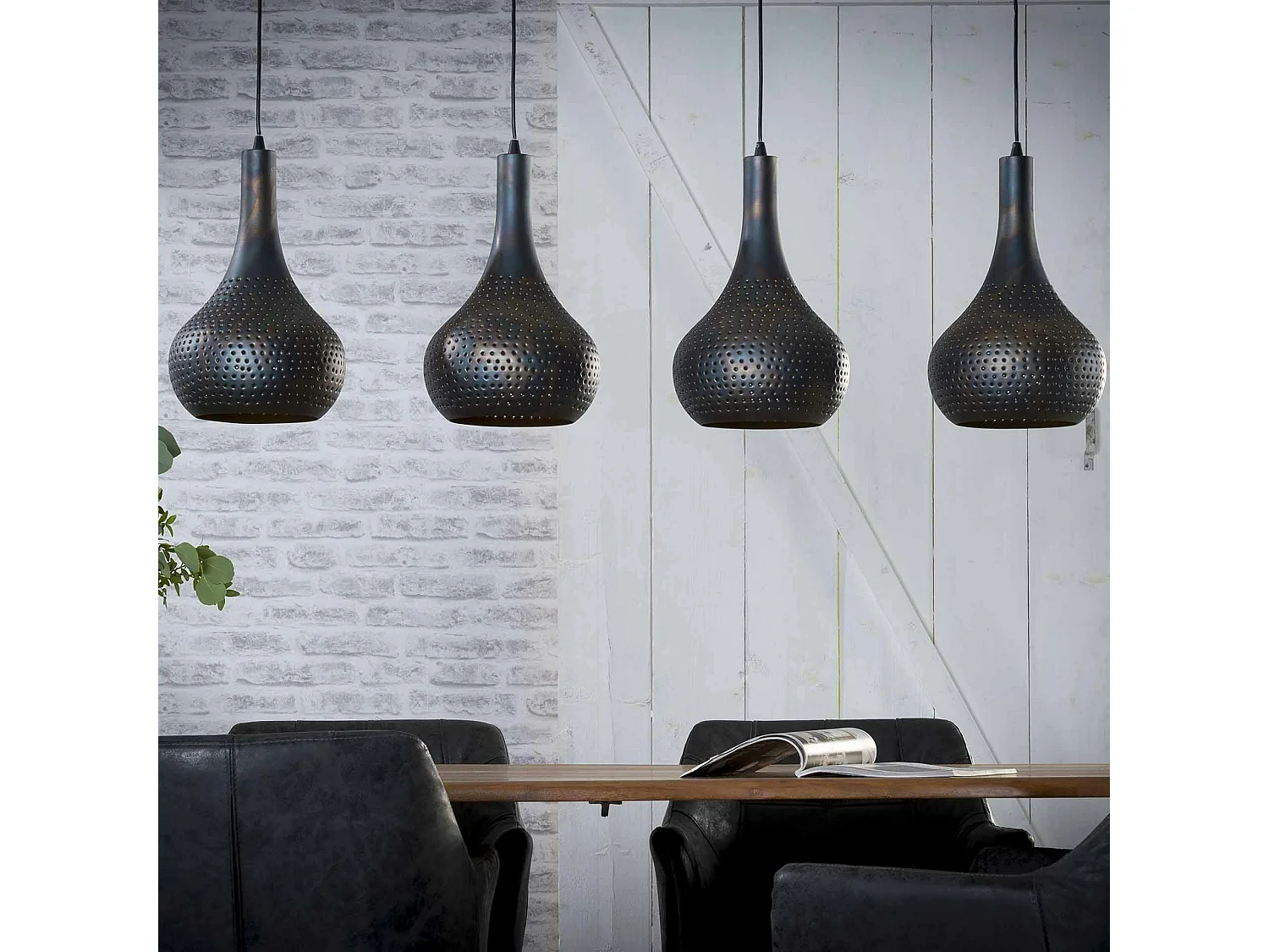 Suspension luminaire noir 4 lampes métal ajouré 130 cm JAVA
