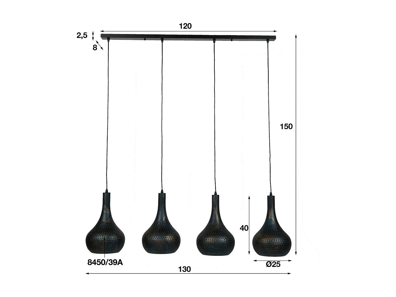 Suspension luminaire noir 4 lampes métal ajouré 130 cm JAVA