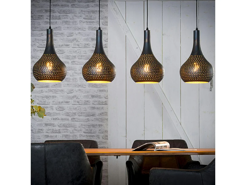 Suspension luminaire noir 4 lampes métal ajouré 130 cm JAVA