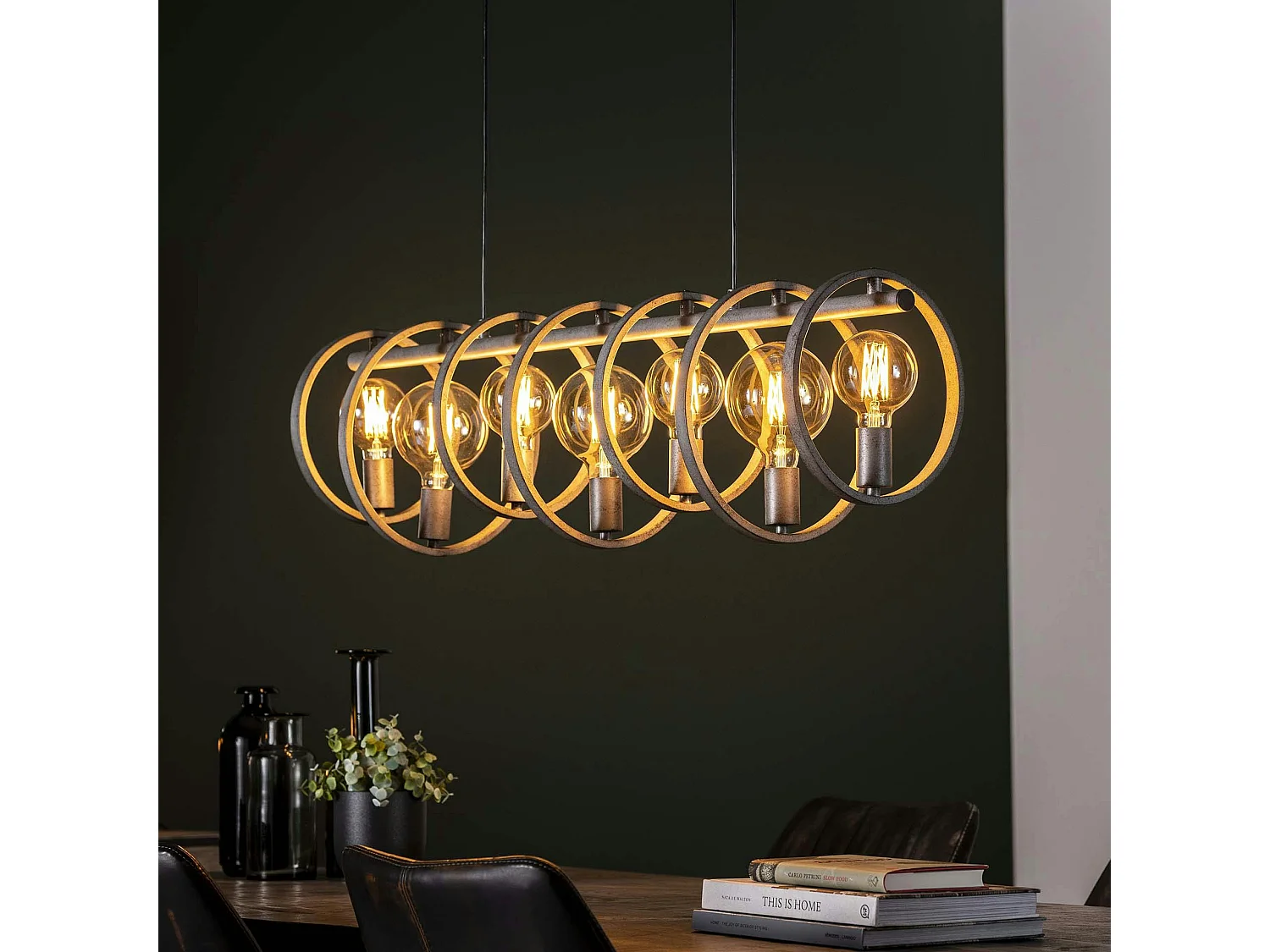 Suspension industrielle 7 lampes cercles finition argent vieilli RALF