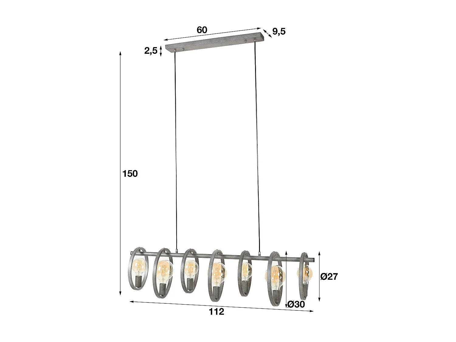 Suspension industrielle 7 lampes cercles finition argent vieilli RALF