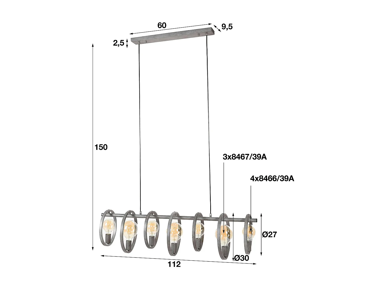 Suspension industrielle 7 lampes cercles finition argent vieilli RALF