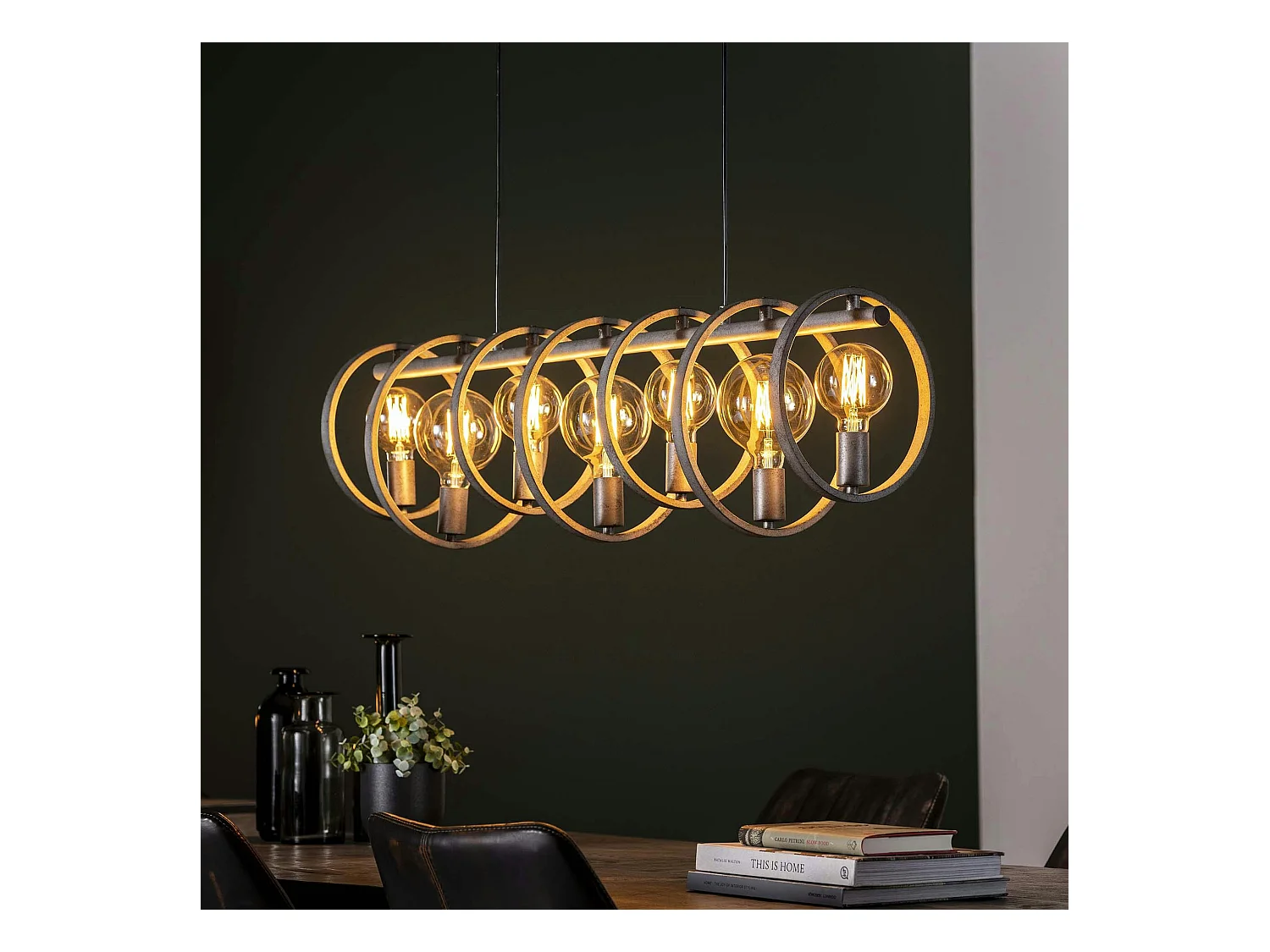 Suspension industrielle 7 lampes cercles finition argent vieilli RALF