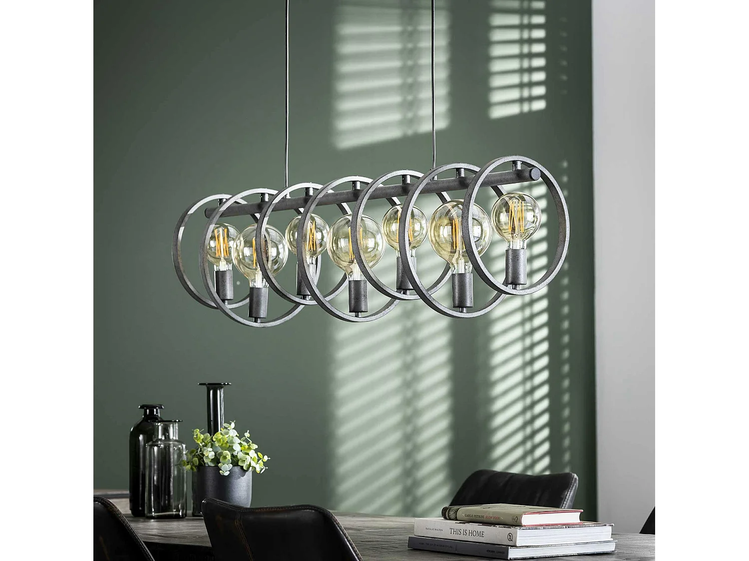 Suspension industrielle 7 lampes cercles finition argent vieilli RALF