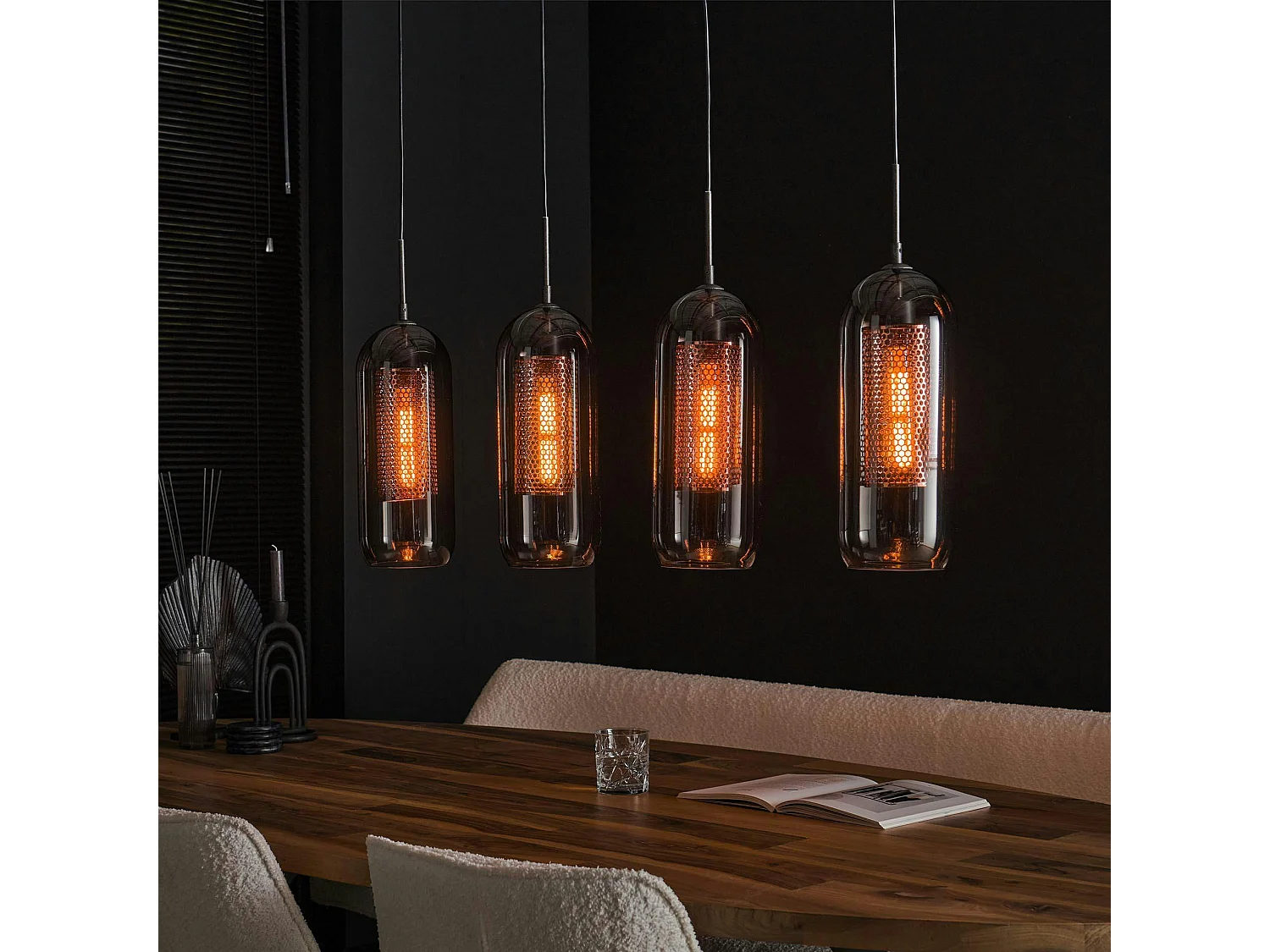 Suspension en verre fumé et métal cuivré 4 lampes horizontales NOVA