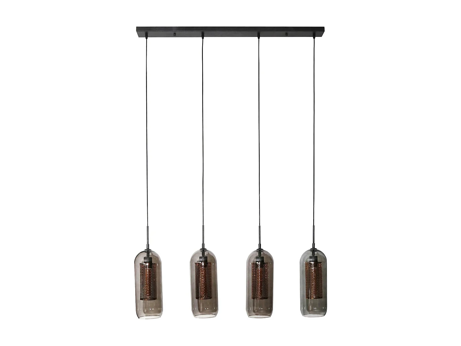 Suspension en verre fumé et métal cuivré 4 lampes horizontales NOVA