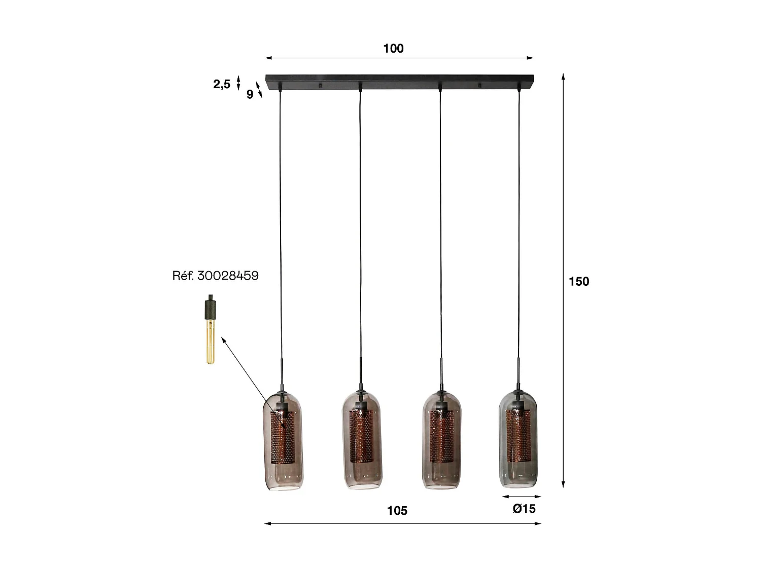 Suspension en verre fumé et métal cuivré 4 lampes horizontales NOVA