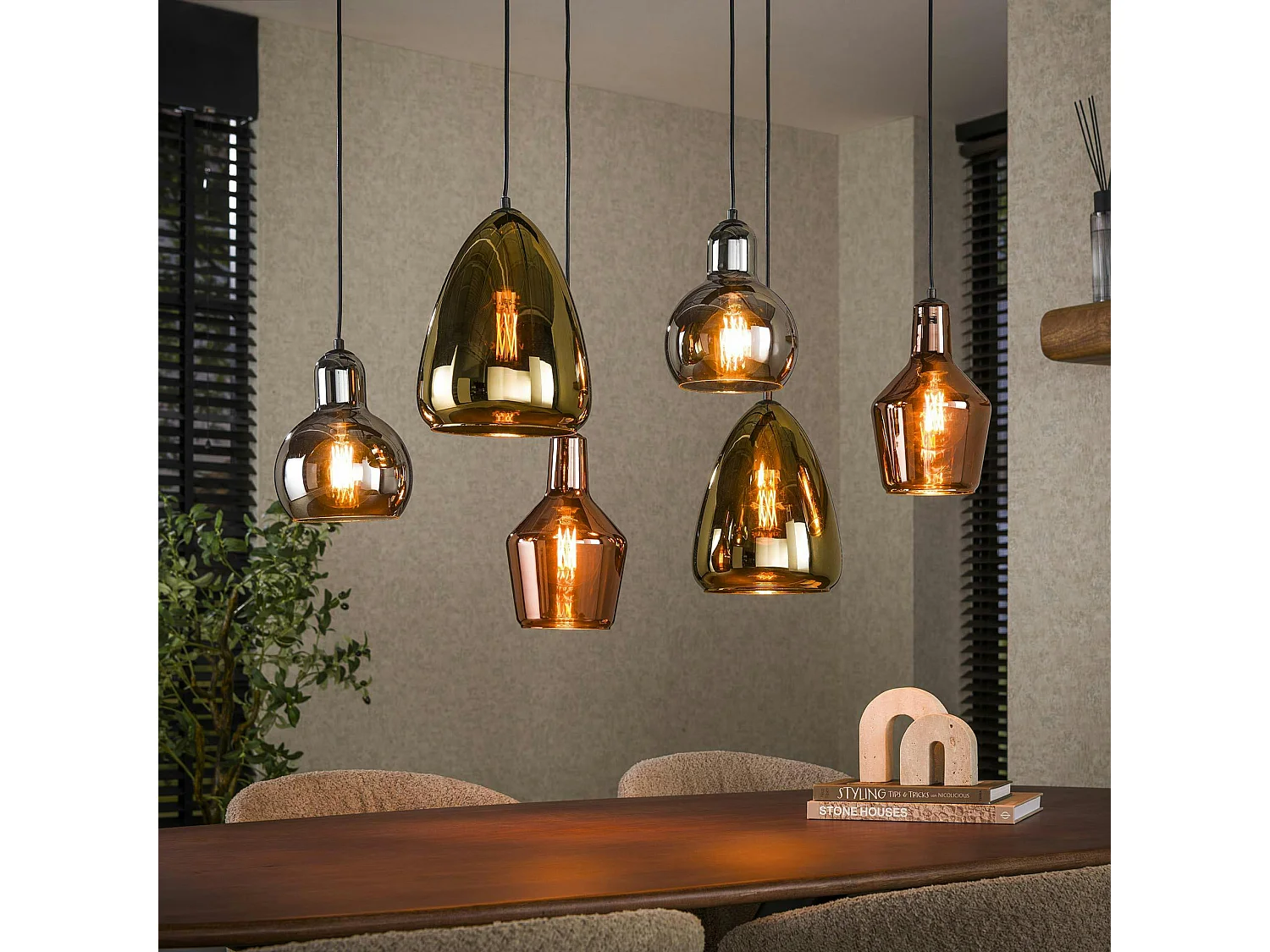 Suspension en verre coloré 6 lampes NOVA