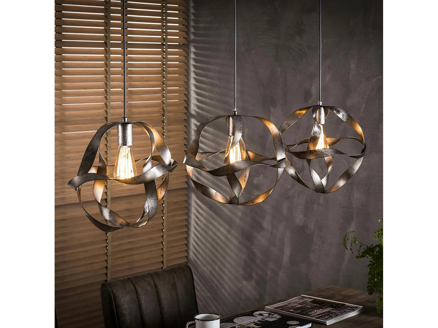 Suspension industrielle 3 lampes métal vieilli effet ruban RALF