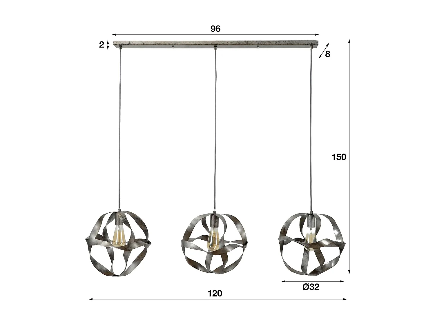 Suspension industrielle 3 lampes métal vieilli effet ruban RALF