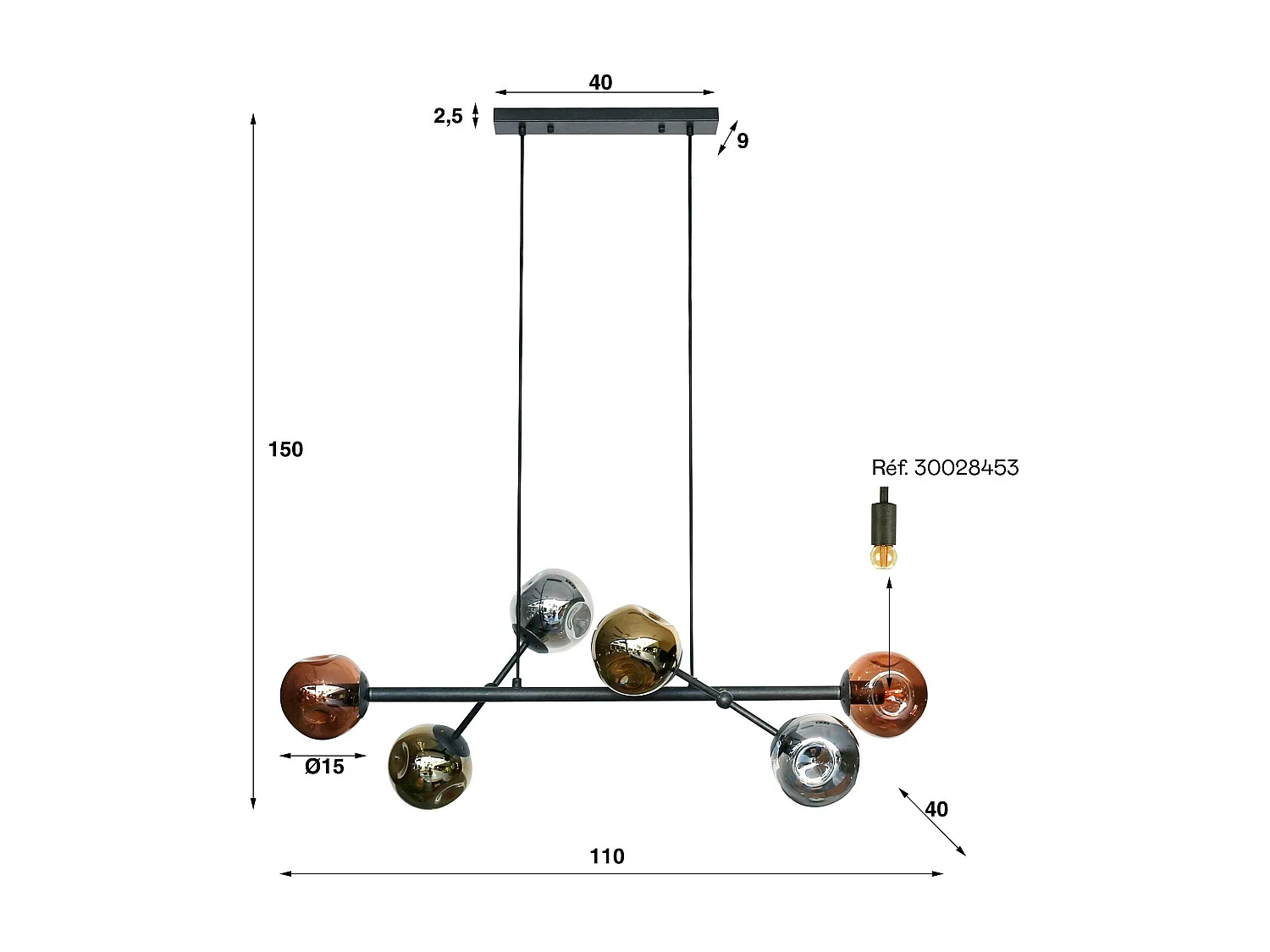 Suspension en verre 6 globes déformés RALF