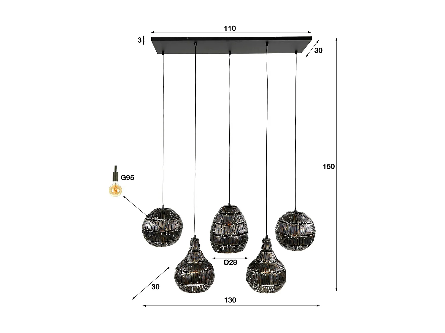 Suspension de salle à manger avec 5 abat-jour en métal tressé TRIBECA