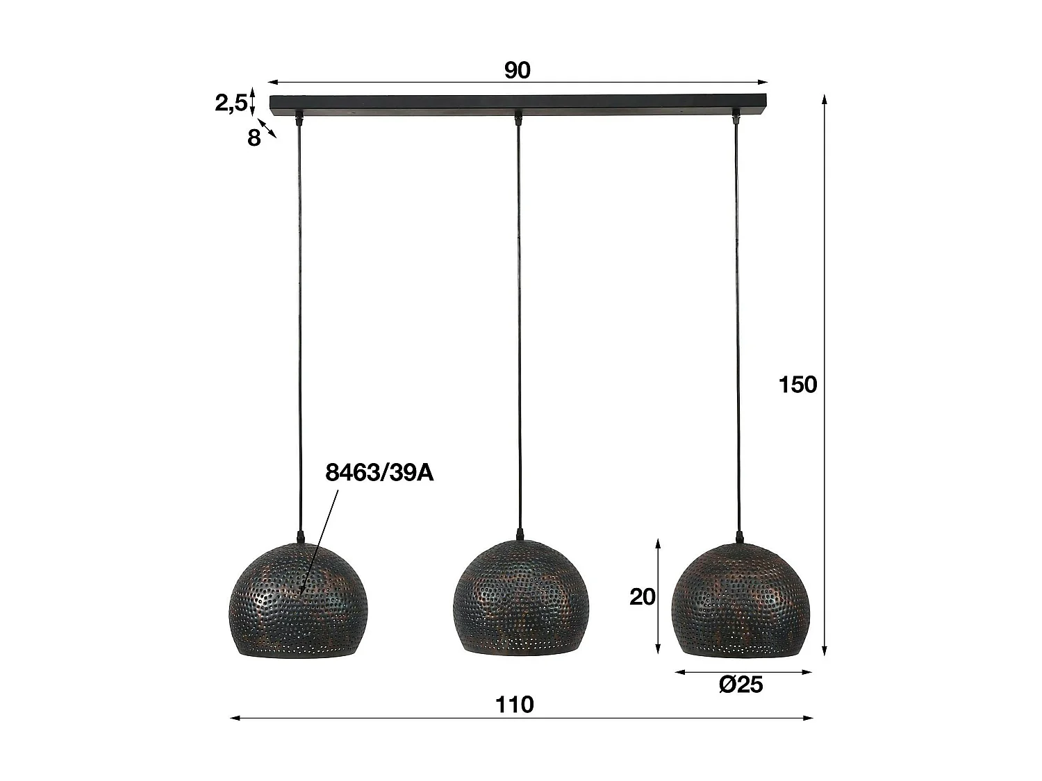 Suspension ajourée 3 demi-globes métal 110x25x150cm RALF