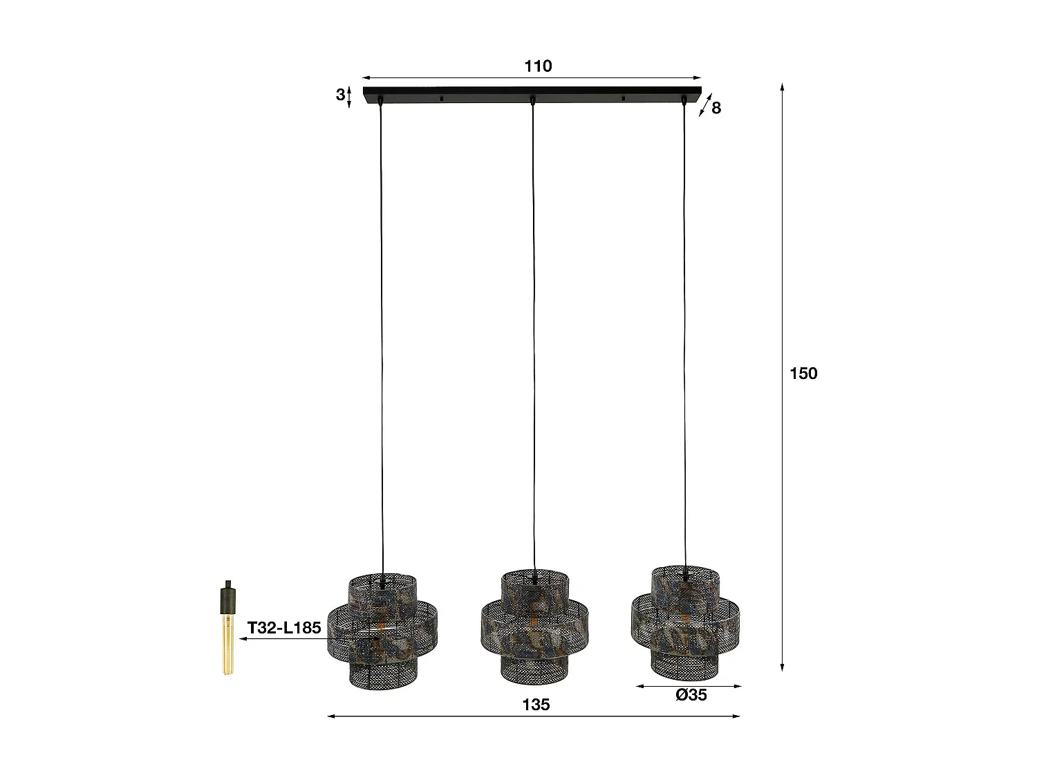 Suspension de salle à manger avec 3 abat-jour frise métallique TRIBECA