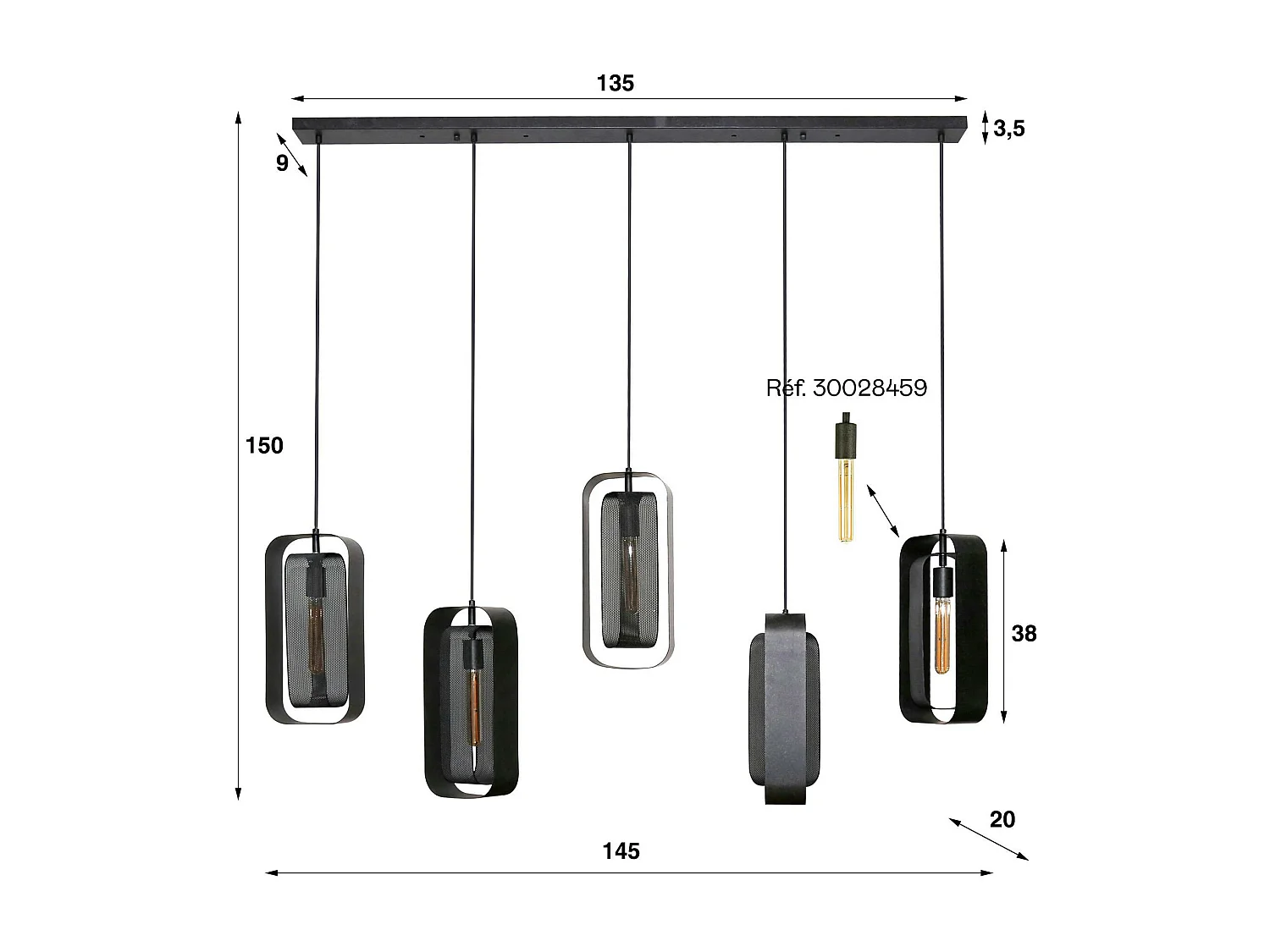 Suspension industrielle à double cadre 5 lampes RALF