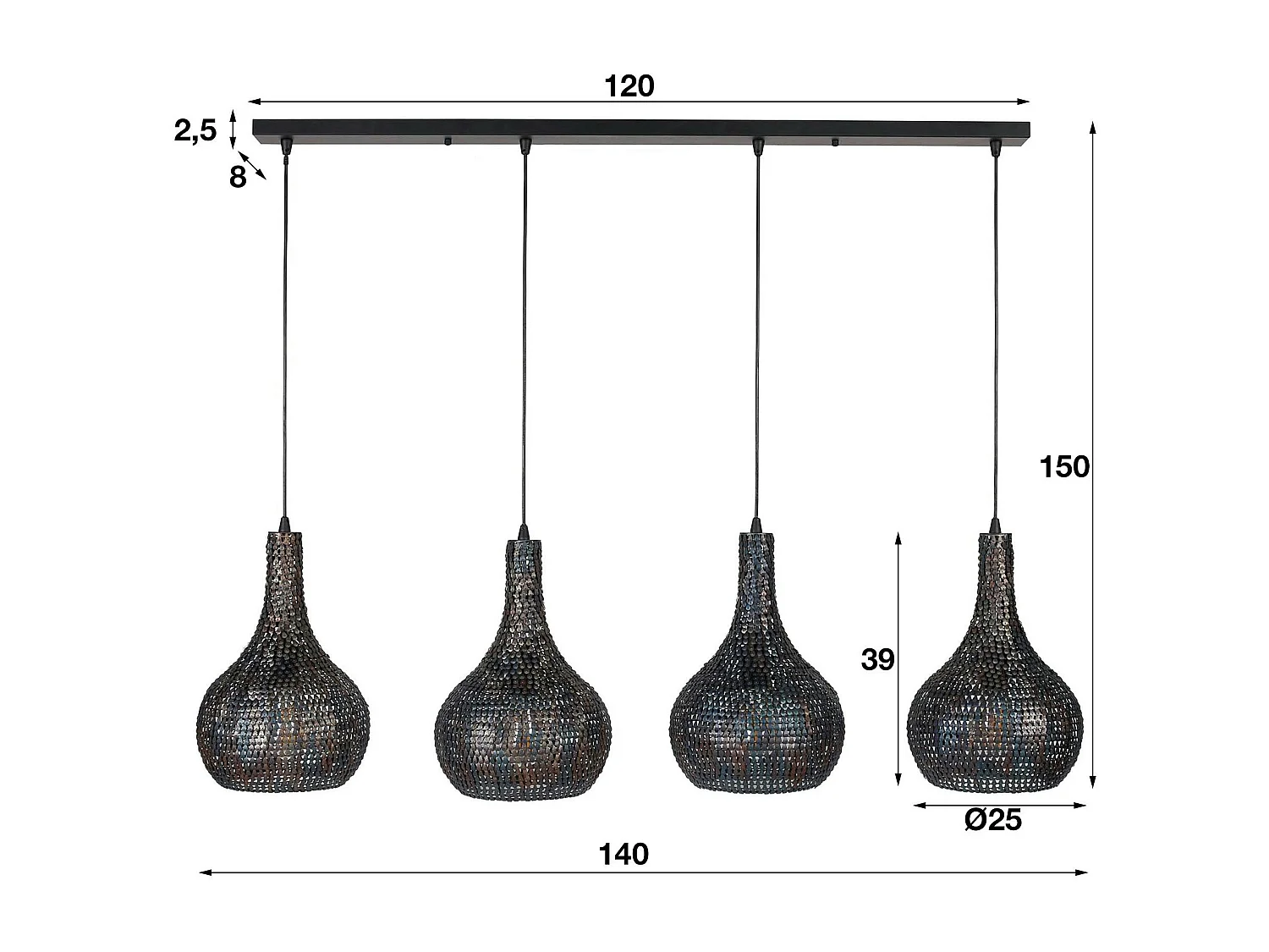 Suspension contemporaine 4 lampes gouttes effet maille TRIBECA