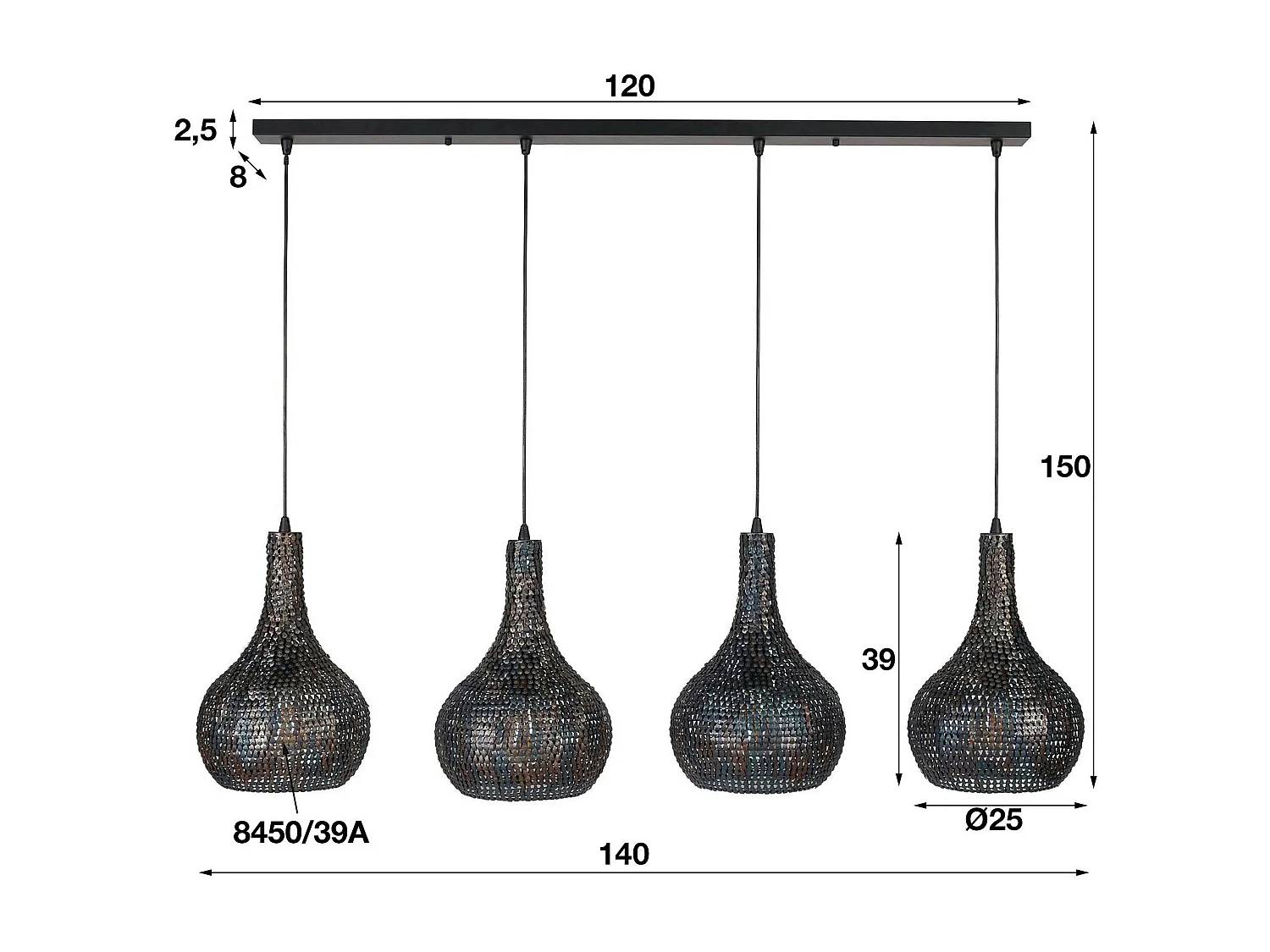 Suspension contemporaine 4 lampes gouttes effet maille TRIBECA