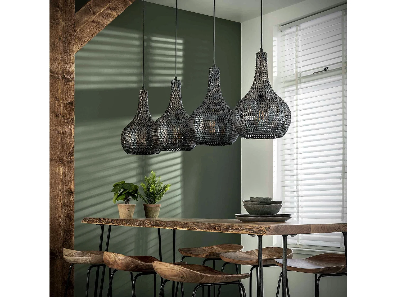 Suspension contemporaine 4 lampes gouttes effet maille TRIBECA