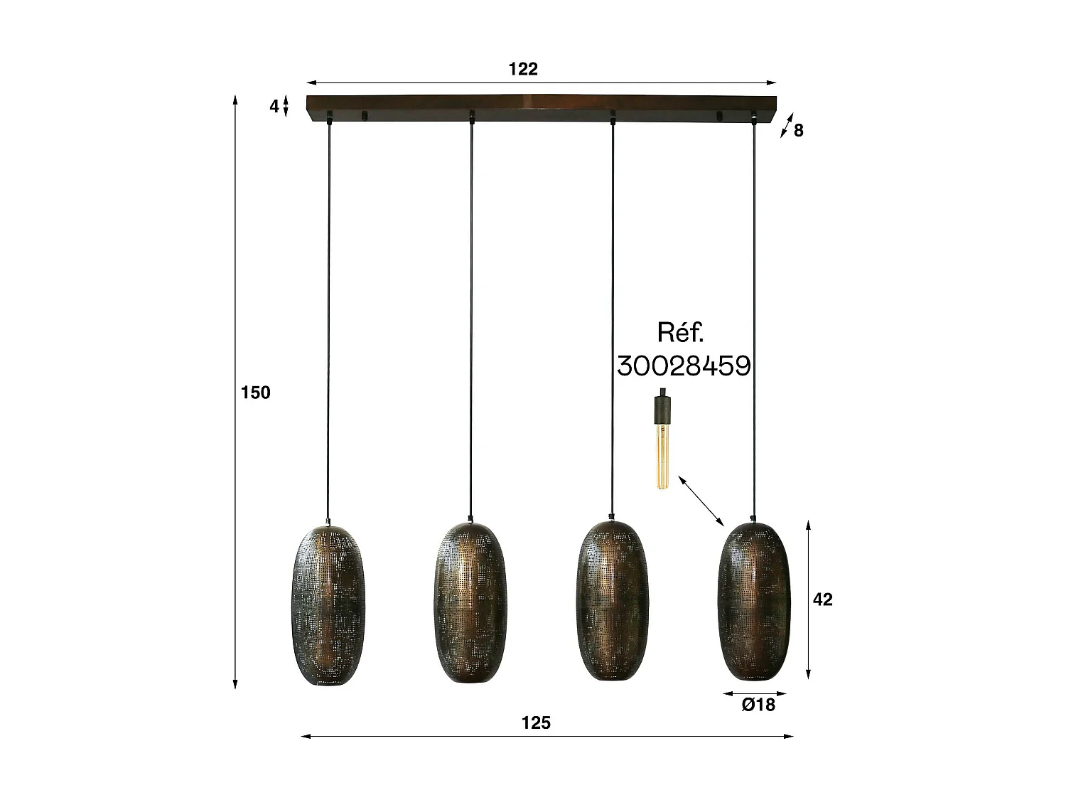Suspension salle à manger 4 lampes cuivrées forme ellipse RALF