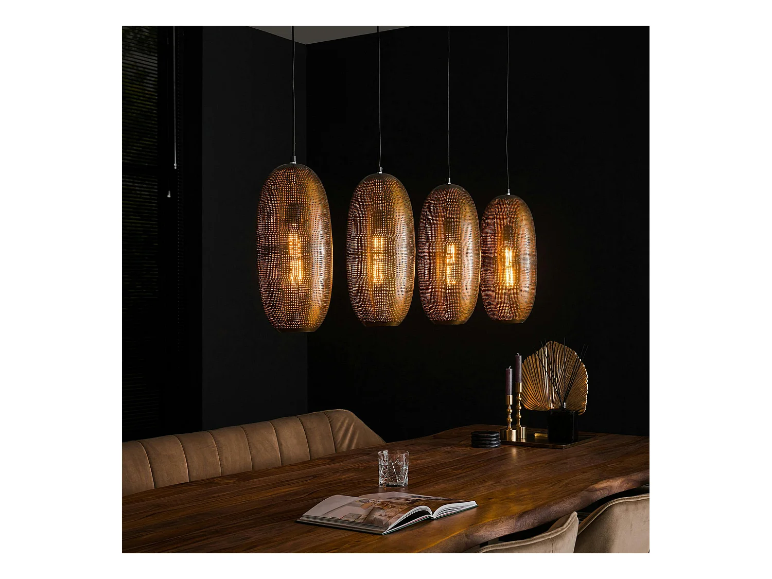 Suspension salle à manger 4 lampes cuivrées forme ellipse RALF