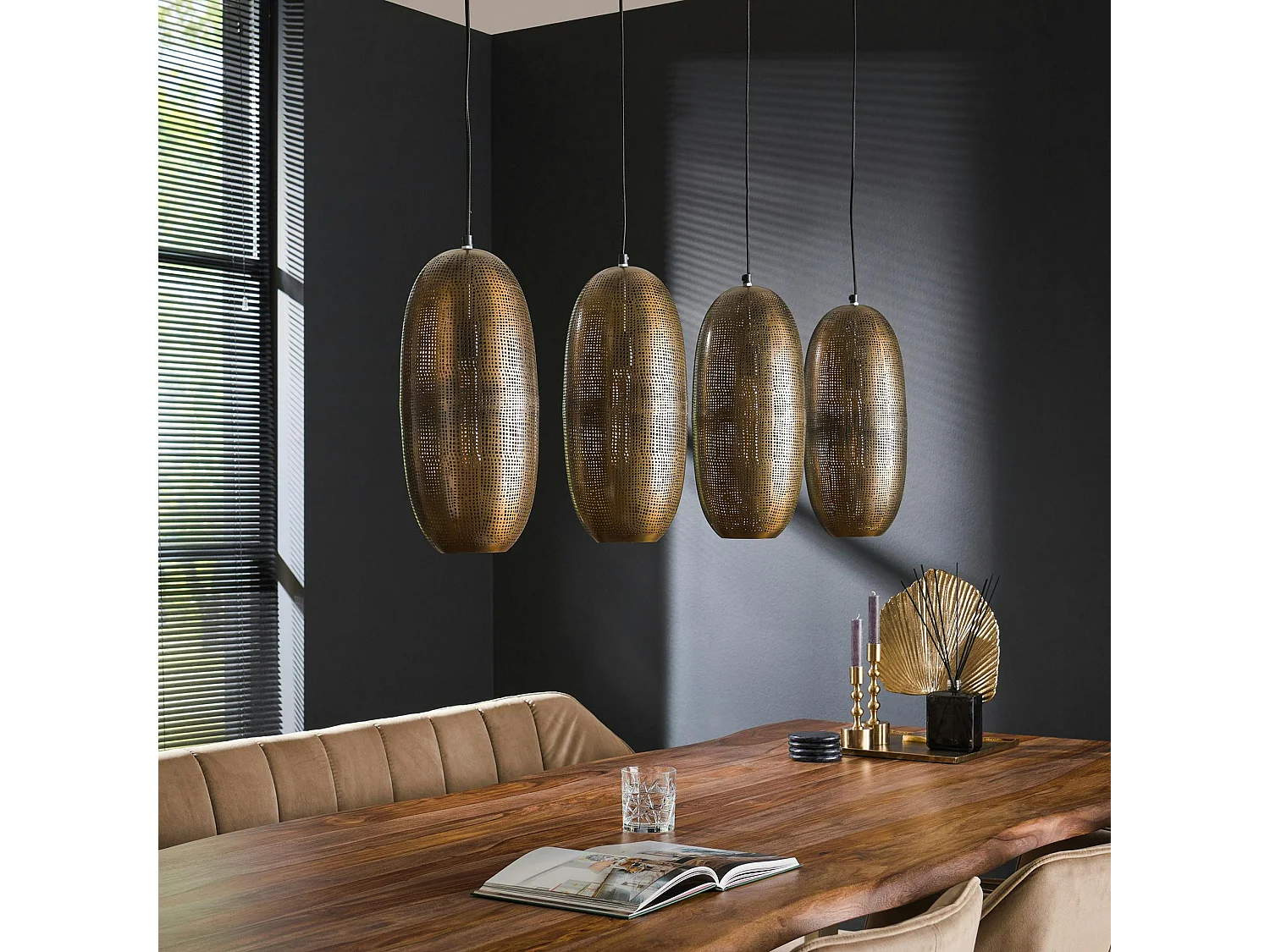 Suspension salle à manger 4 lampes cuivrées forme ellipse RALF