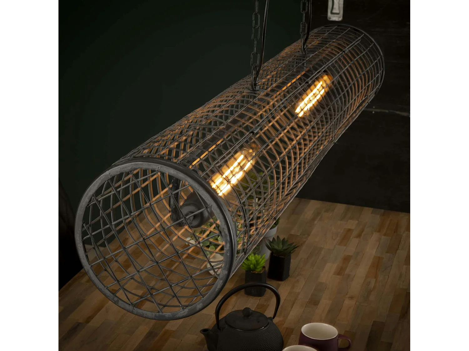 Suspension industrielle cylindre grillagé 2 lampes RALF