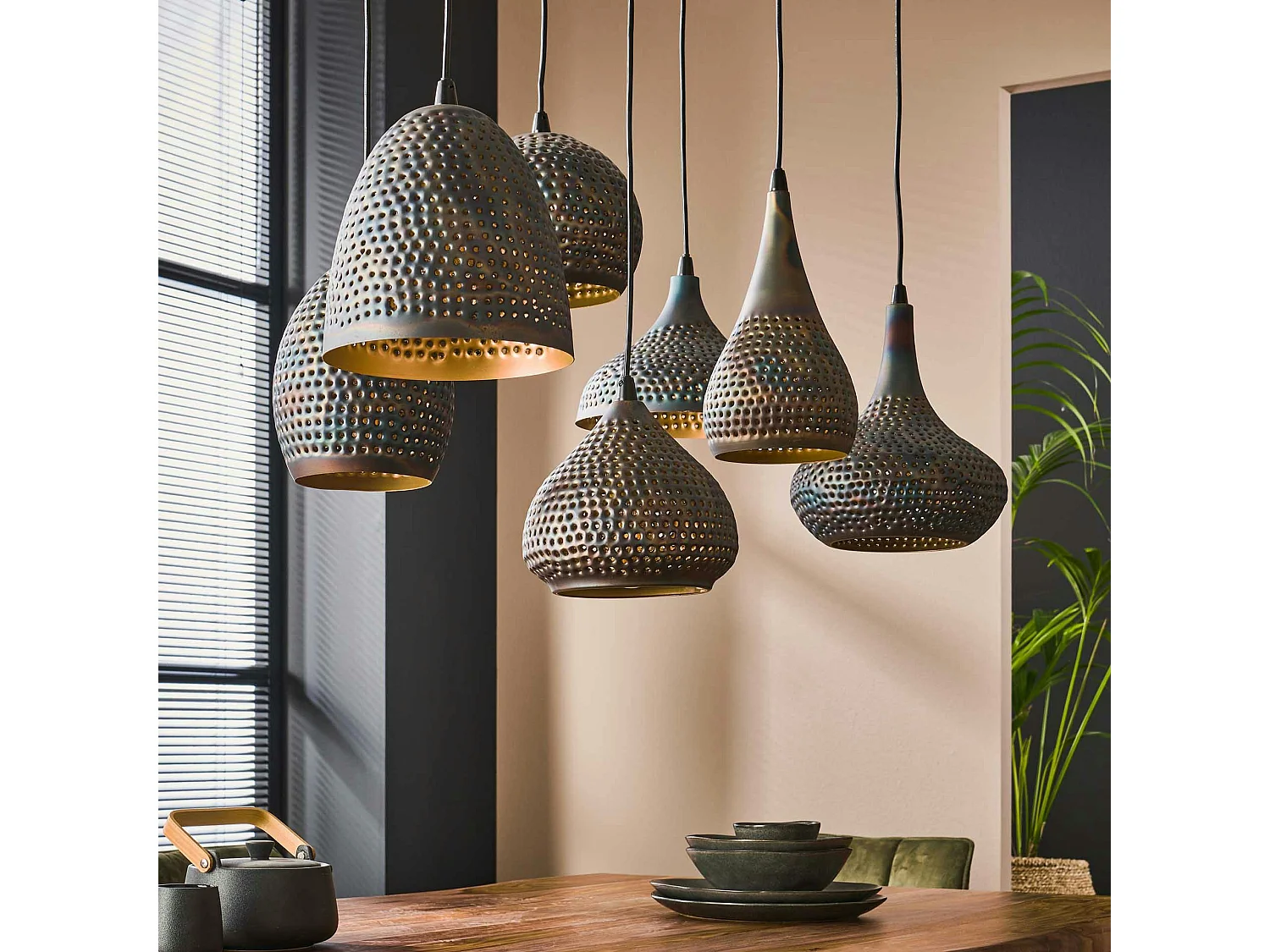 Suspension multiple 7 lampes en métal brun sombre JAVA