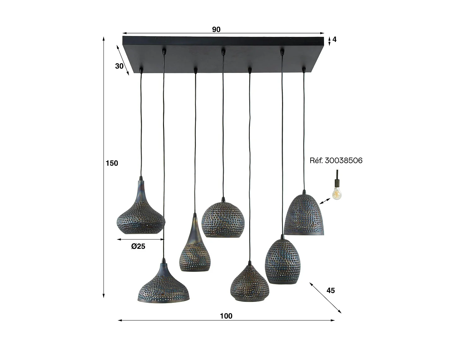 Suspension multiple 7 lampes en métal brun sombre JAVA