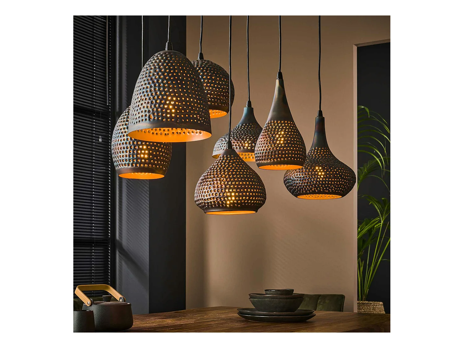 Suspension multiple 7 lampes en métal brun sombre JAVA