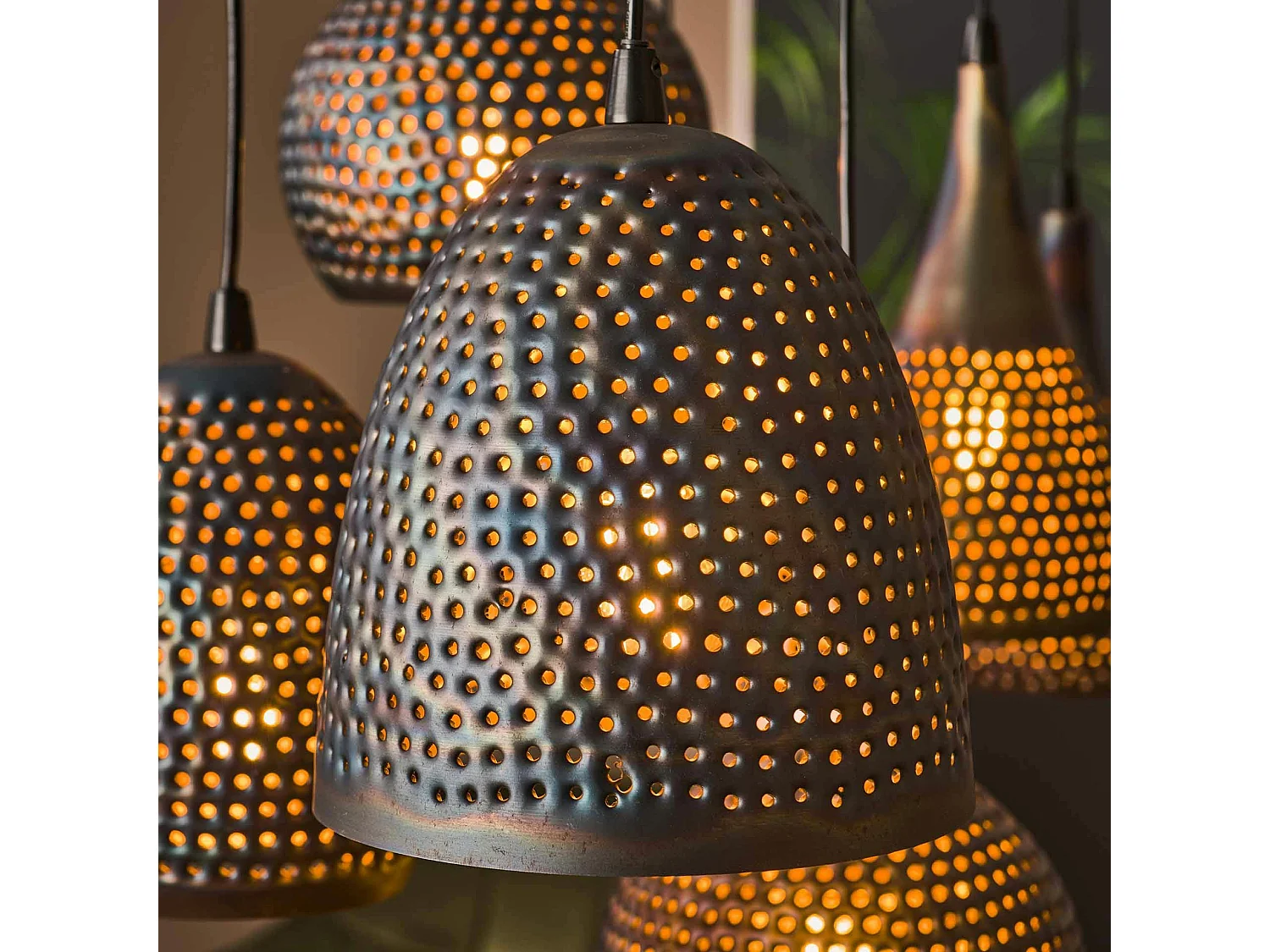 Suspension multiple 7 lampes en métal brun sombre JAVA