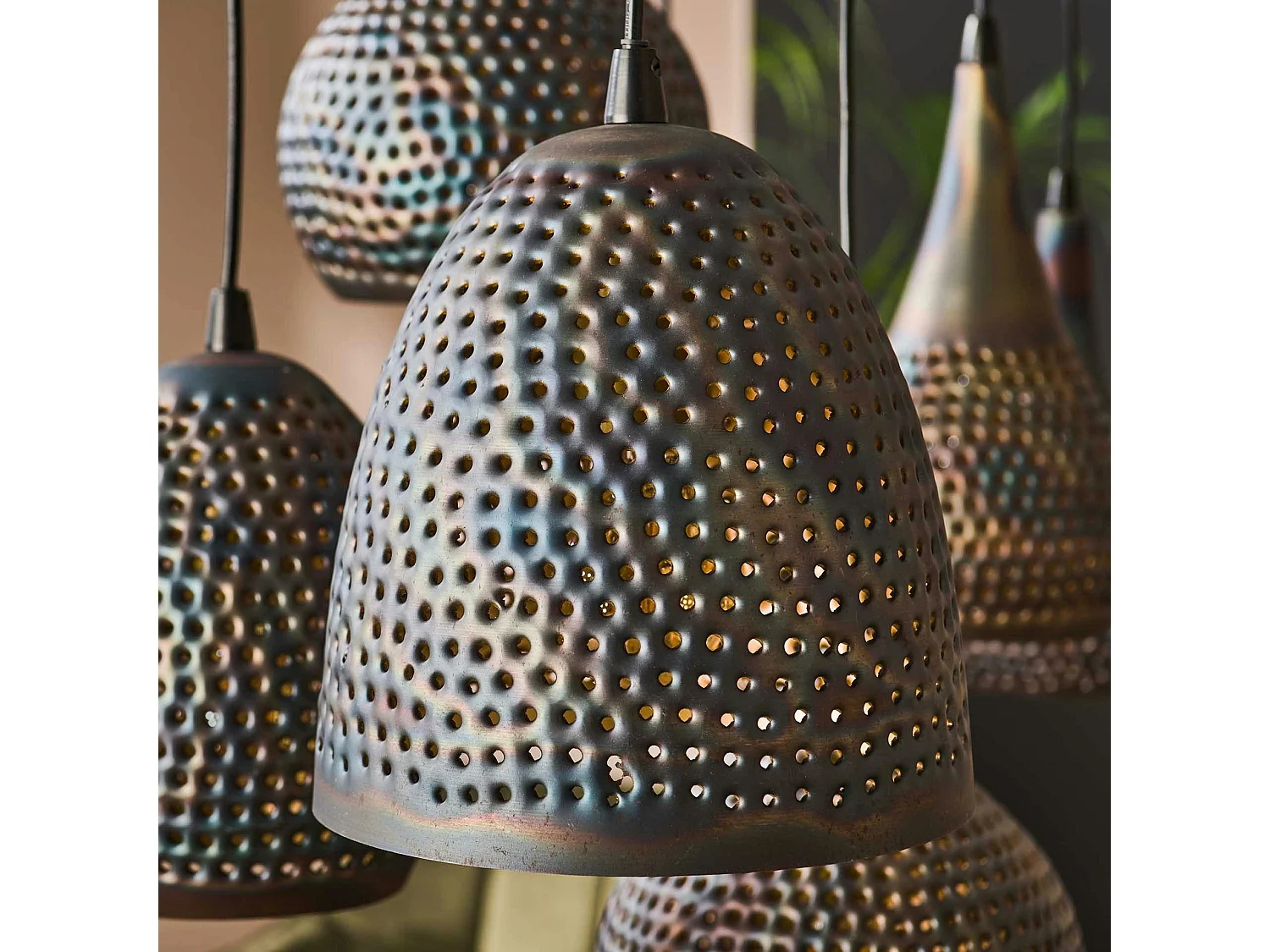 Suspension multiple 7 lampes en métal brun sombre JAVA