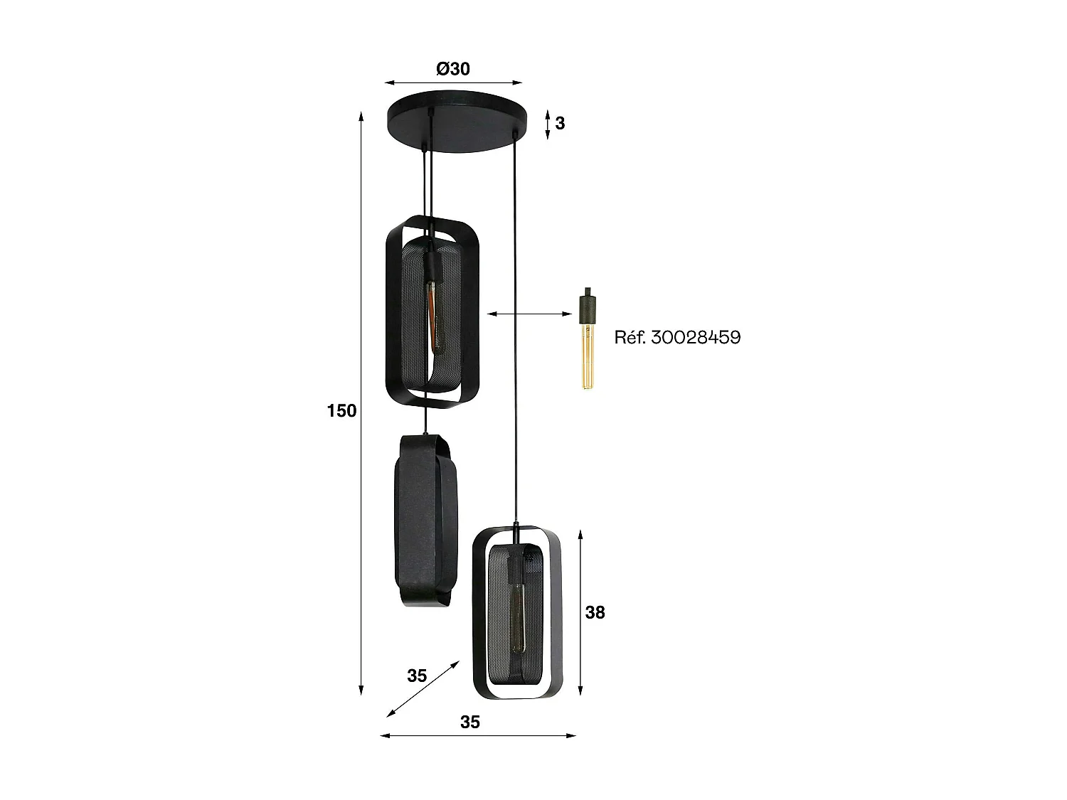 Suspension industrielle à double cadre 3 lampes RALF