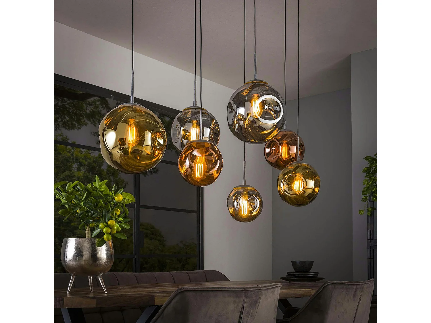 Suspension multiple en verre déformé finition or, cuivre et chrome NIAGARA