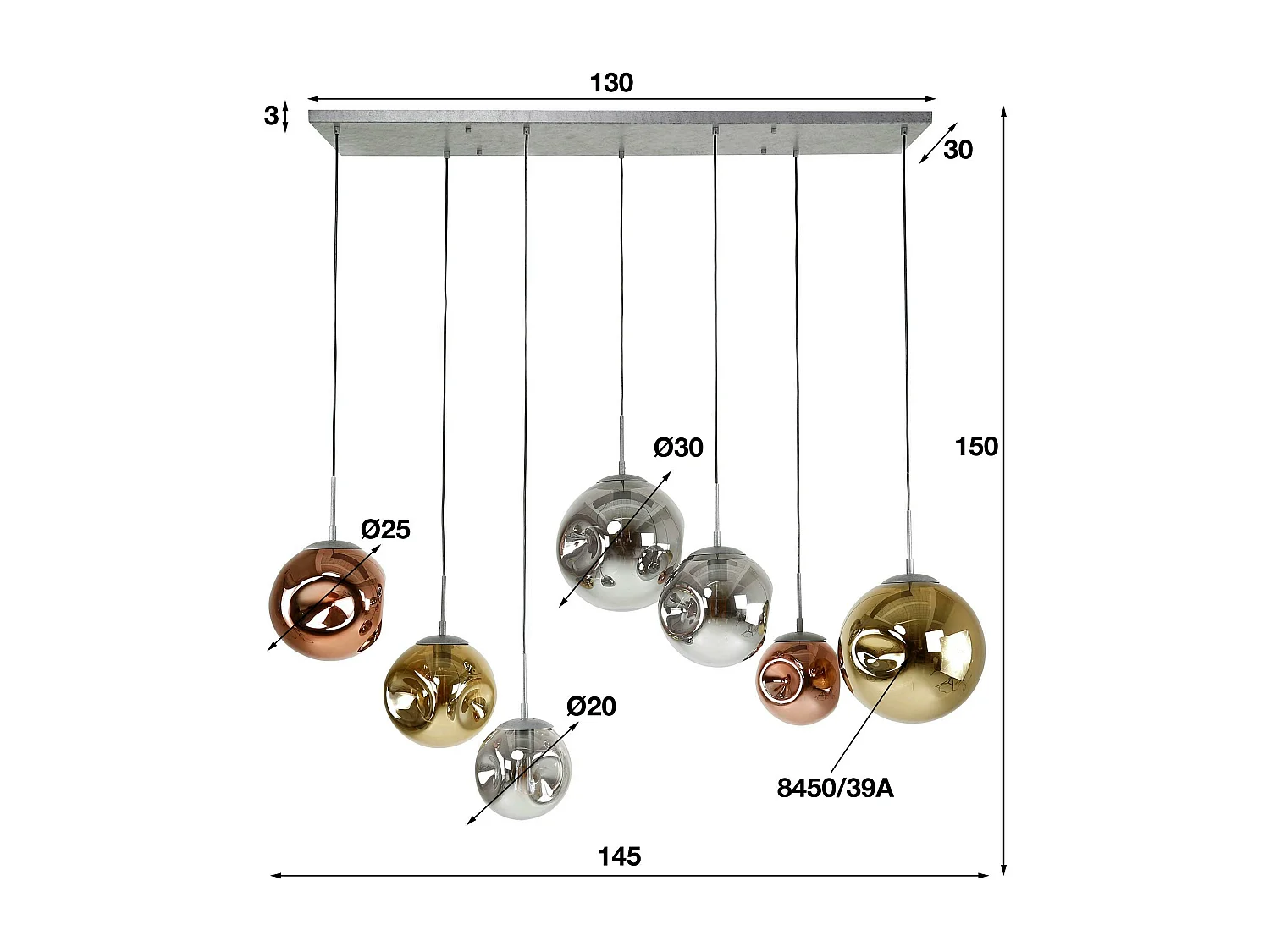 Suspension multiple en verre déformé finition or, cuivre et chrome NIAGARA