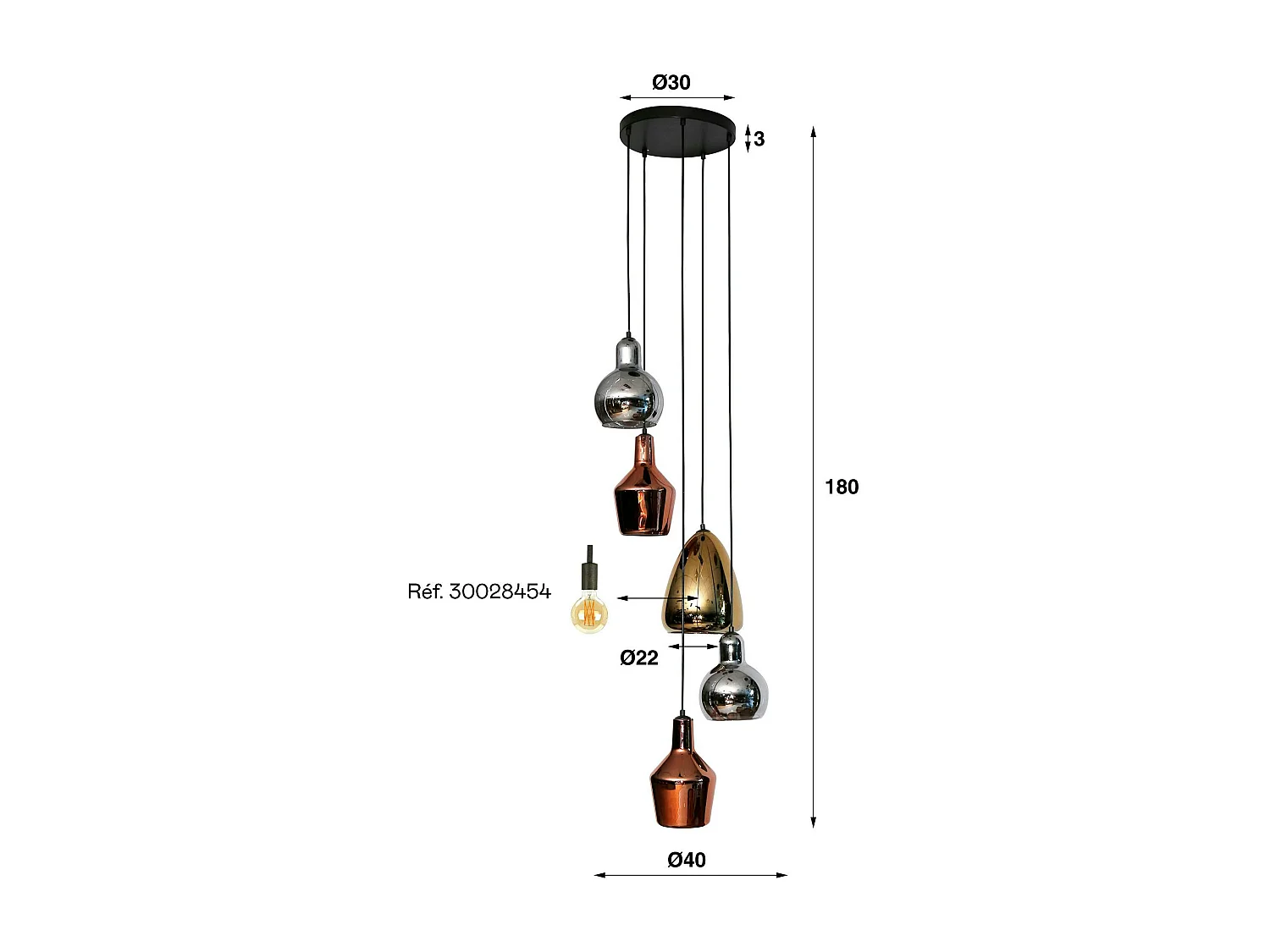 Suspension en verre coloré 5 lampes NOVA