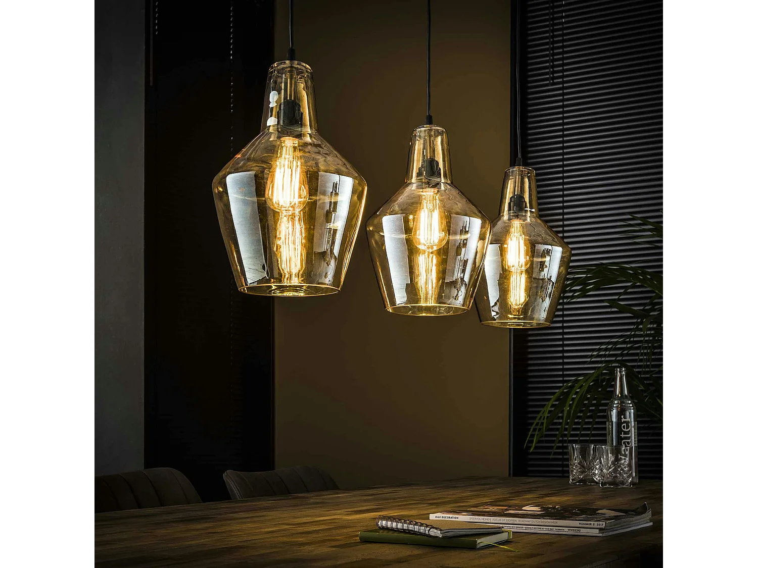 Suspension vintage en verre ambré 3 lampes LUCKNOW