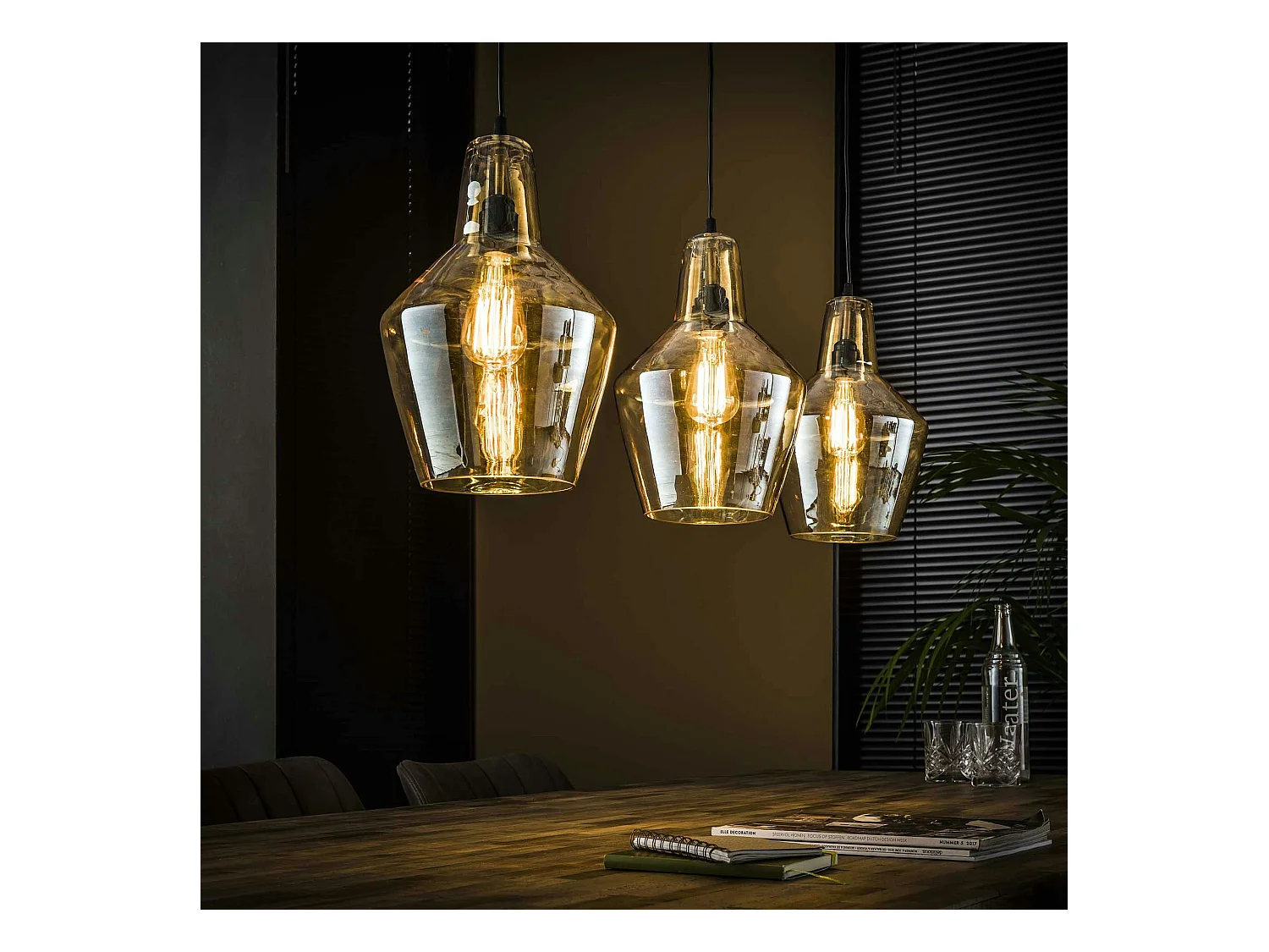 Suspension vintage en verre ambré 3 lampes LUCKNOW
