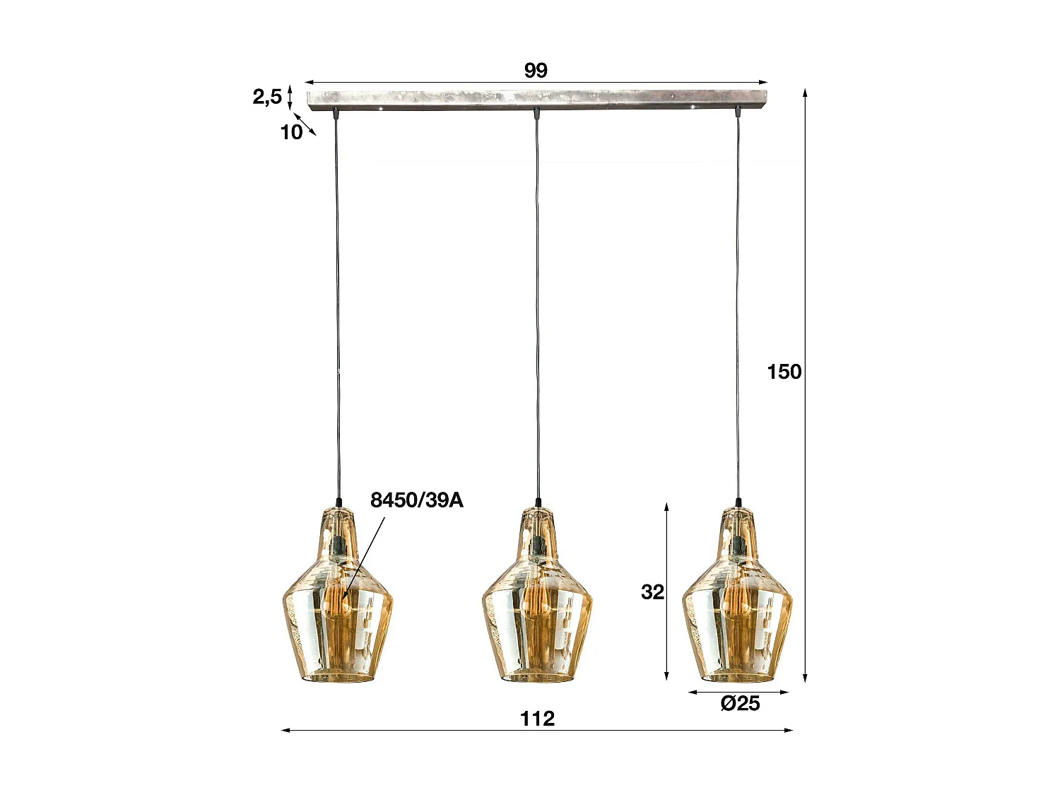 Suspension vintage en verre ambré 3 lampes LUCKNOW