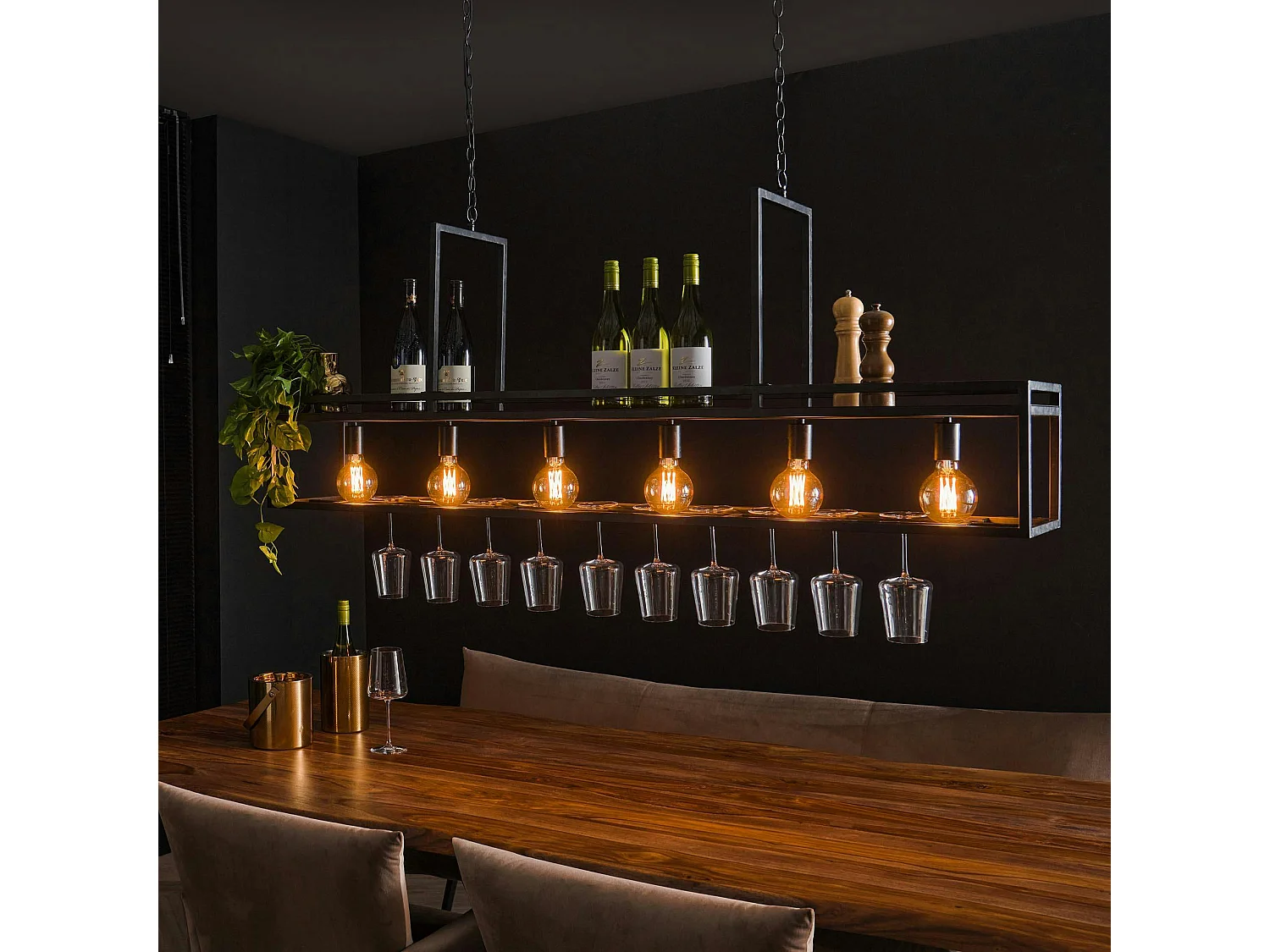 Suspension îlot cuisine 6 lampes avec support verres à pied, finition charbon RALF