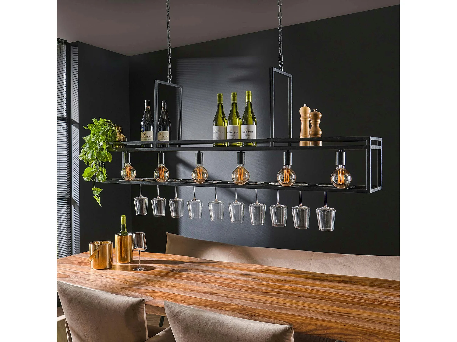 Suspension îlot cuisine 6 lampes avec support verres à pied, finition charbon RALF