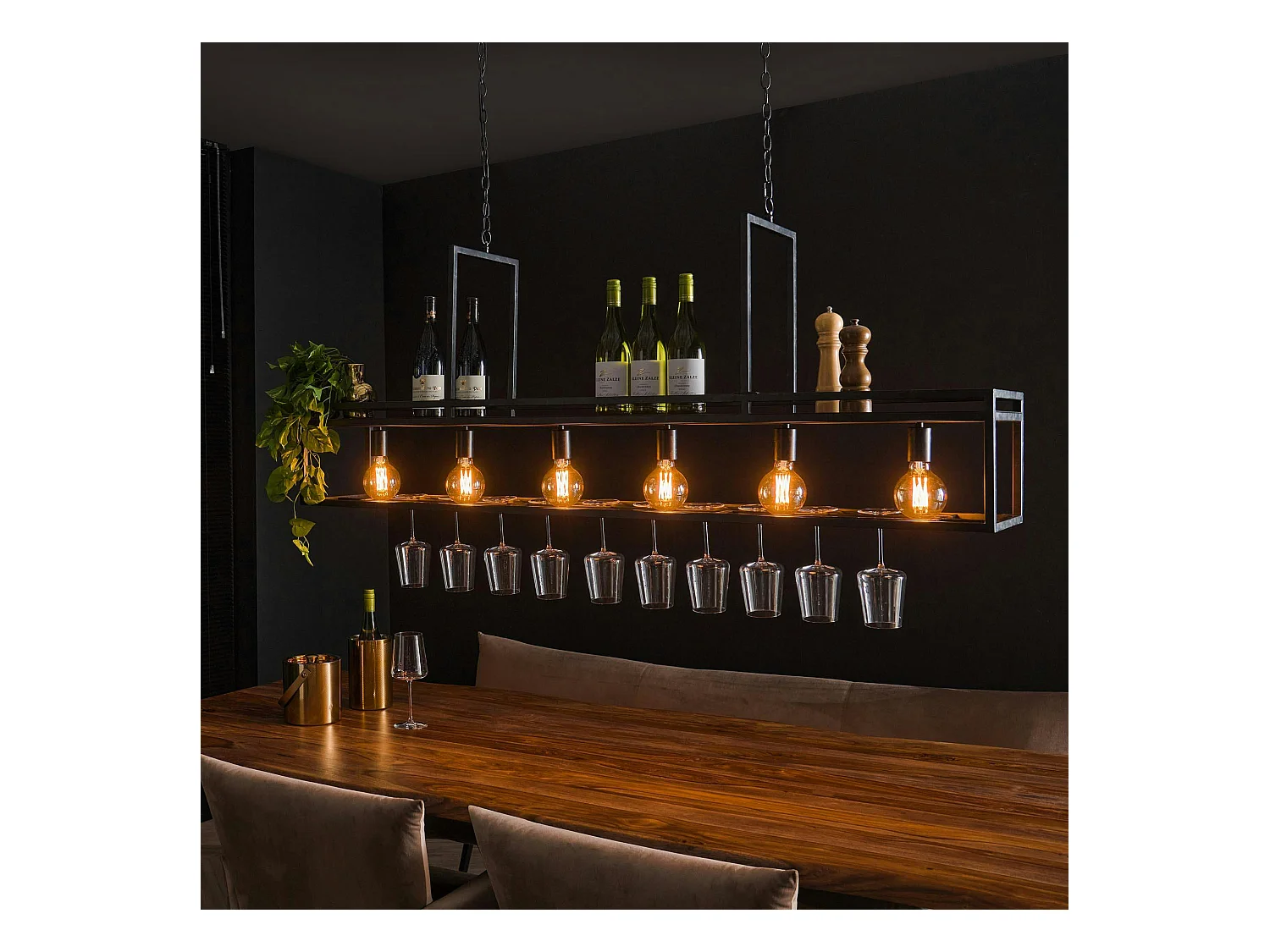 Suspension îlot cuisine 6 lampes avec support verres à pied, finition charbon RALF