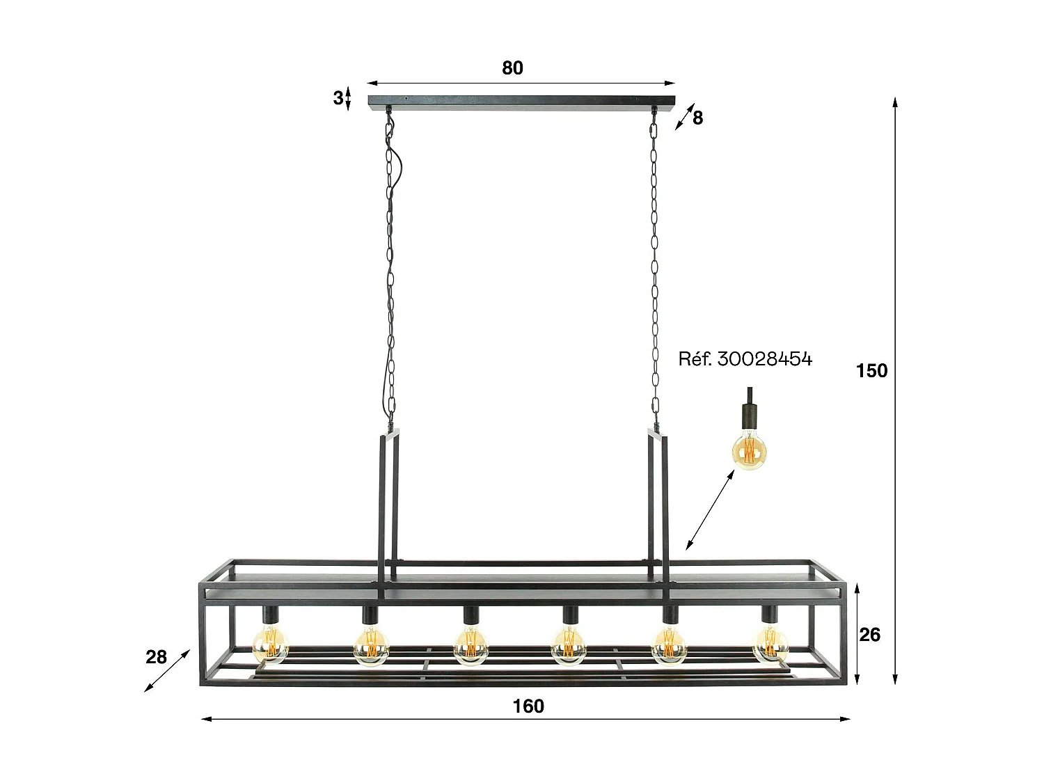 Suspension îlot cuisine 6 lampes avec support verres à pied, finition charbon RALF