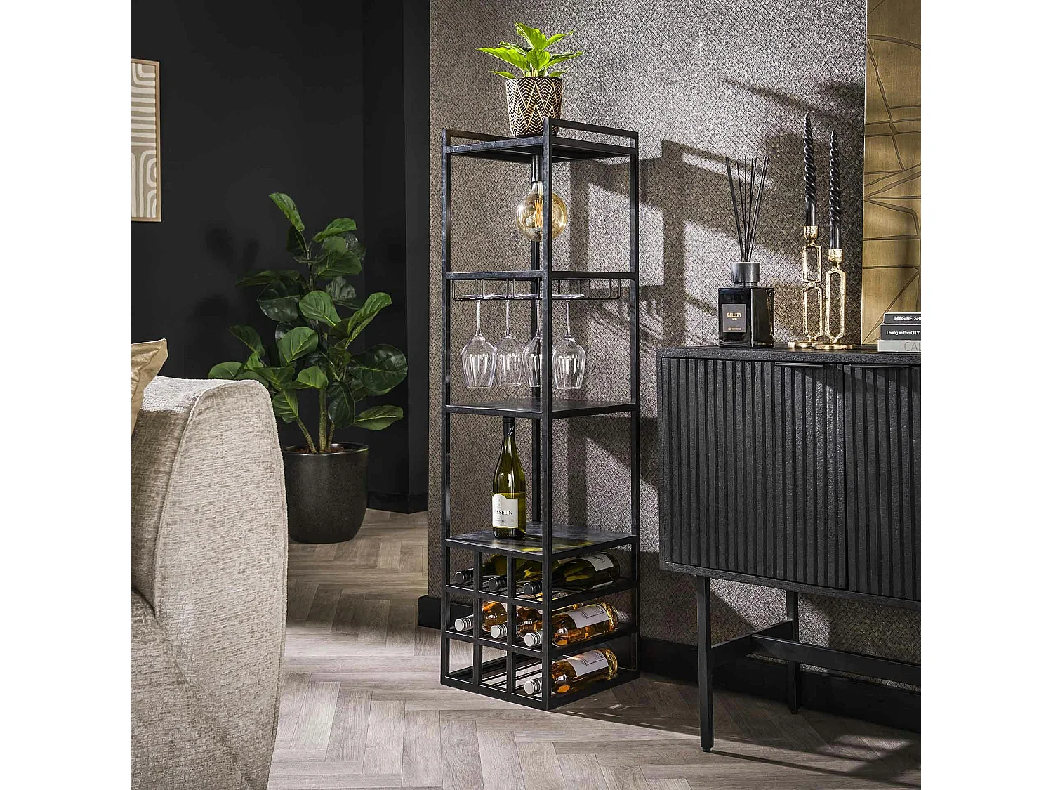 Meuble bar éclairé avec emplacement bouteilles et verres RALF