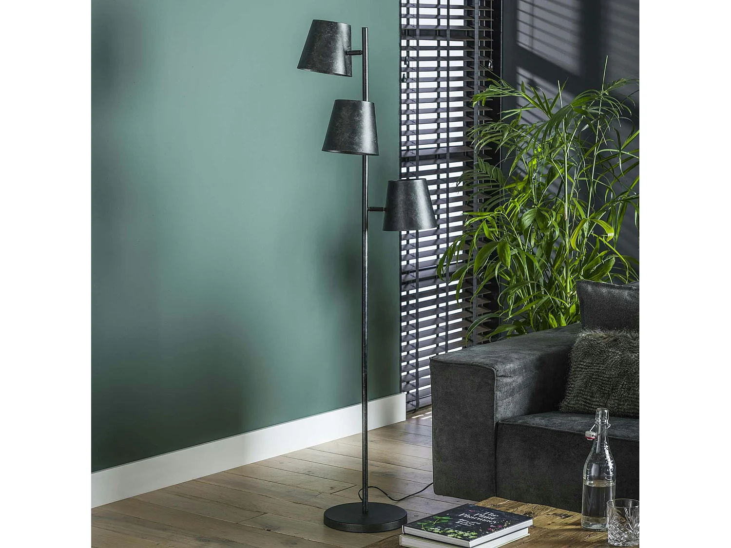 Lampadaire industriel 3 abat-jour métal finition charbon NIAGARA