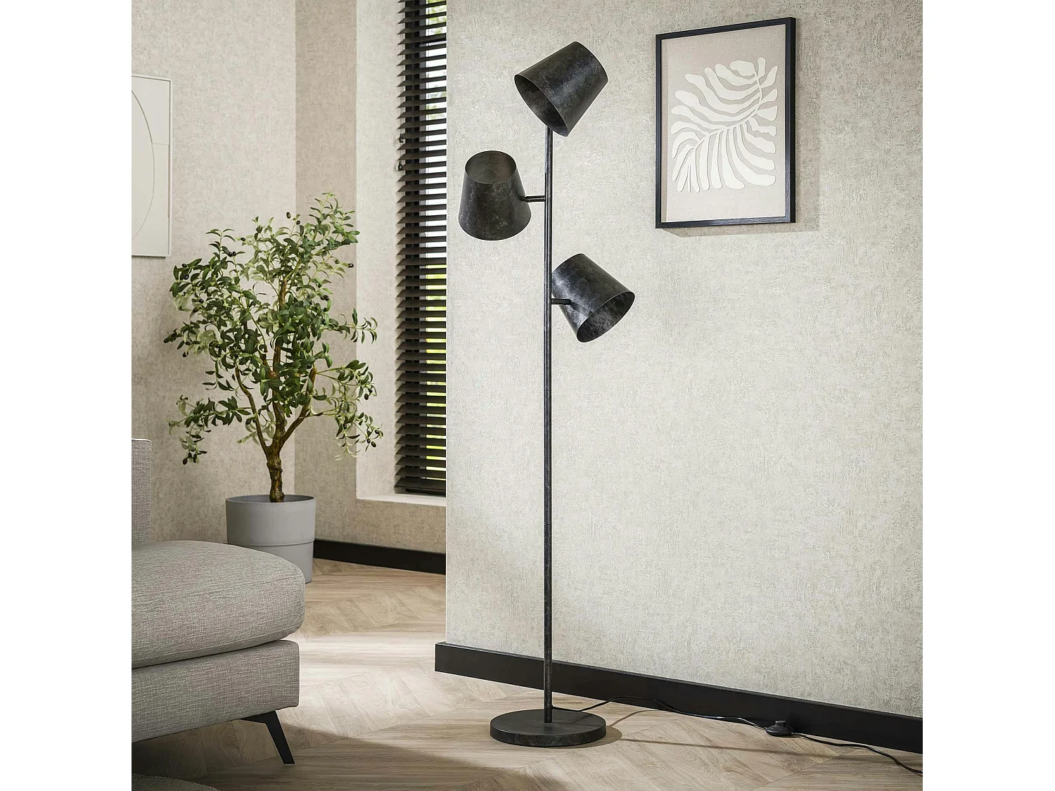 Lampadaire industriel 3 abat-jour métal finition charbon NIAGARA