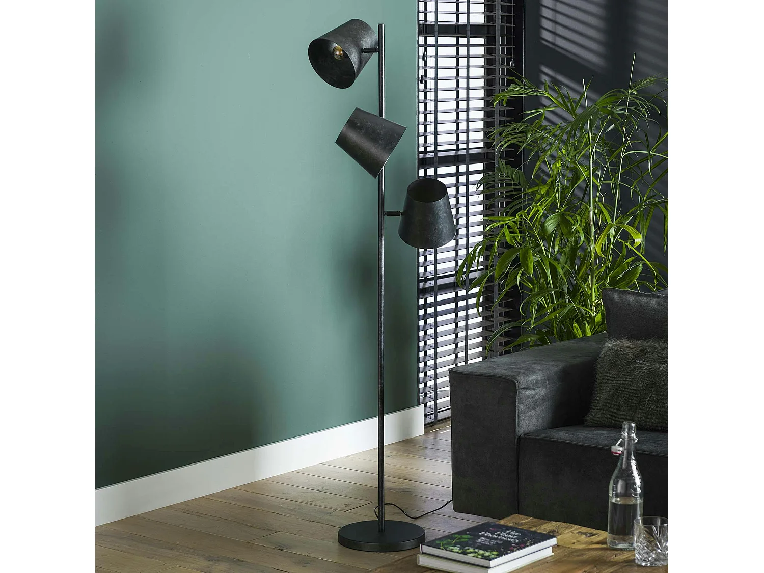 Lampadaire industriel 3 abat-jour métal finition charbon NIAGARA