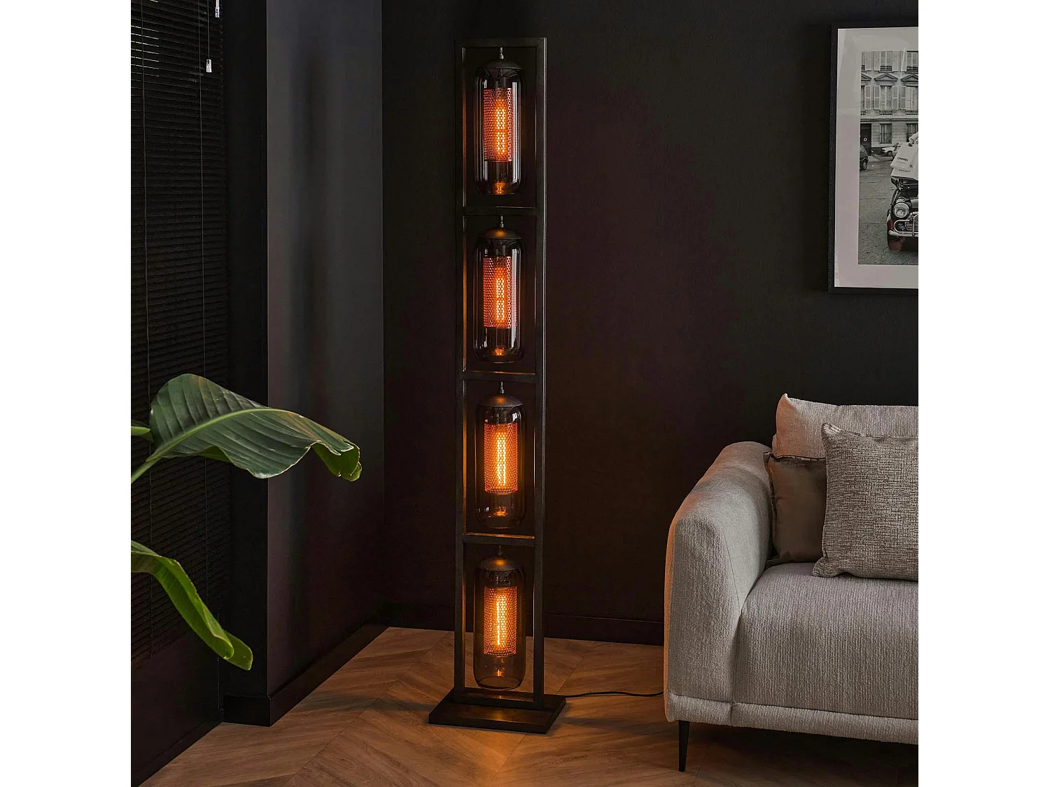 Lampadaire salon 4 lampes verre fumé et métal cuivré NOVA