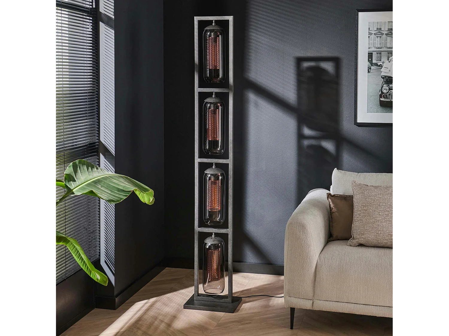 Lampadaire salon 4 lampes verre fumé et métal cuivré NOVA