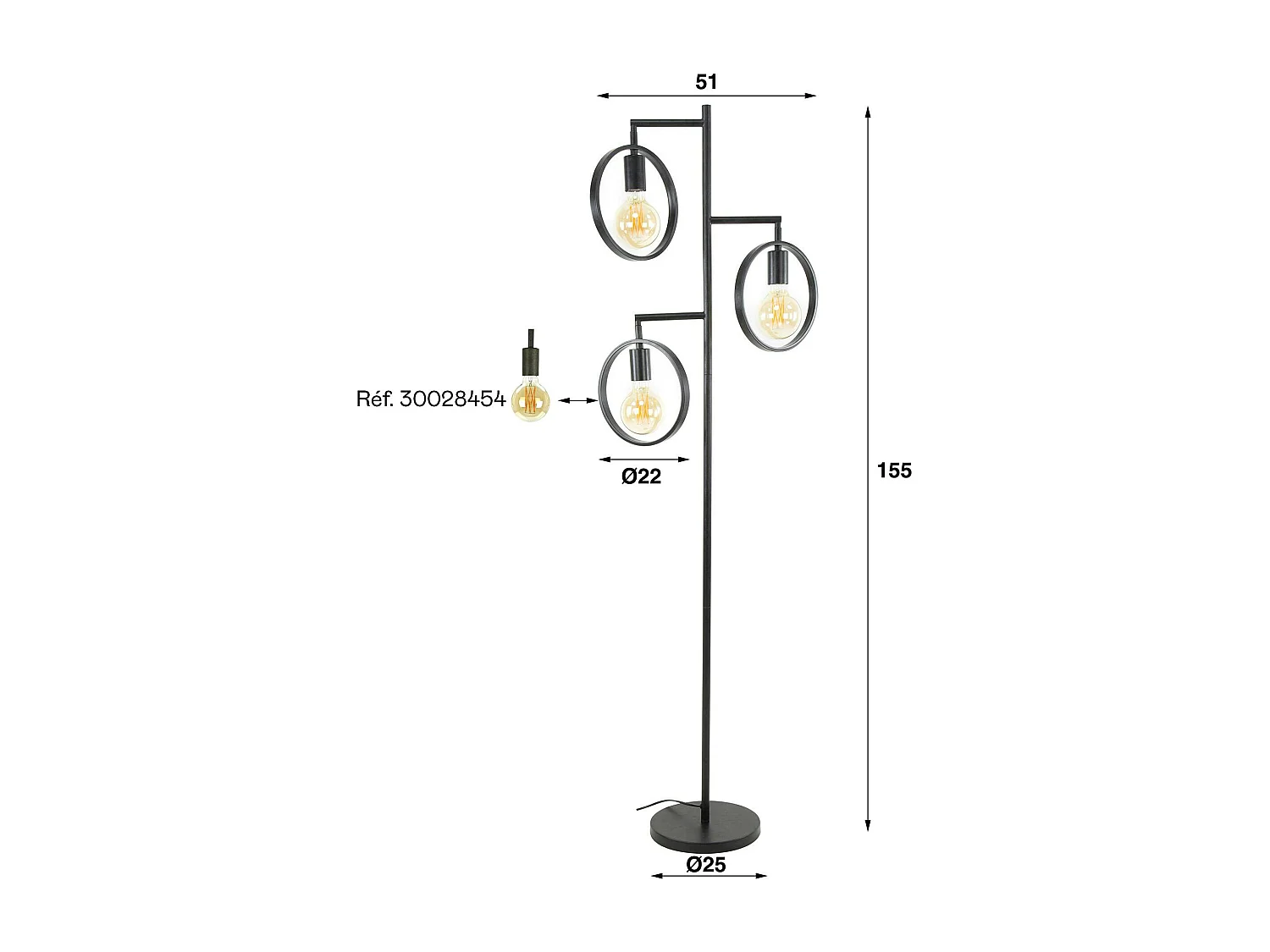 Lampadaire de salon 3 anneaux, finition charbon RALF